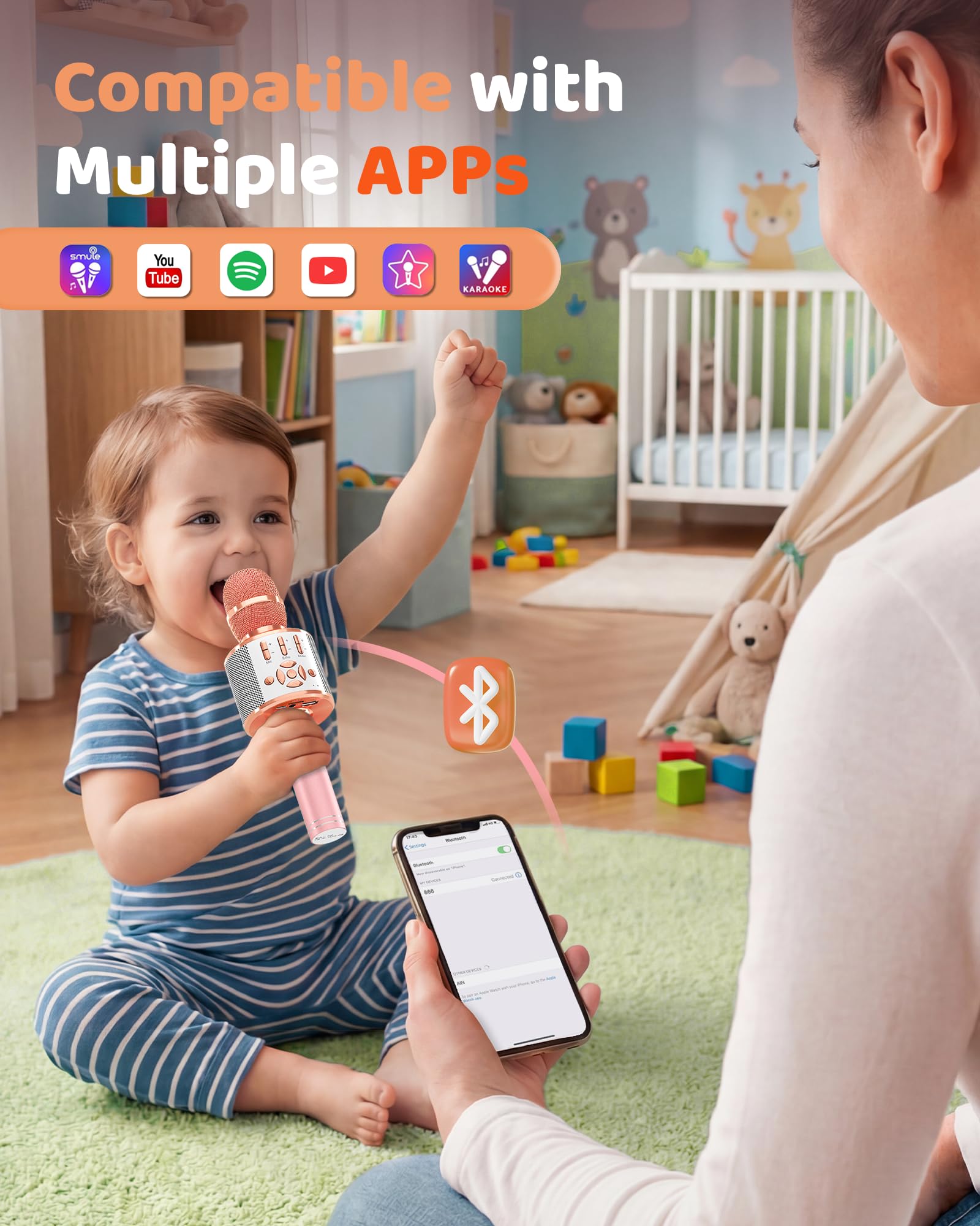 BONAOK Microphone Bluetooth sans Fil, Micro Enfants avec Lumières LED, Mini Machine Karaoké pour Fête/Maison/Anniversaire, Compatible avec Bluetooth iOS Android (Rose)