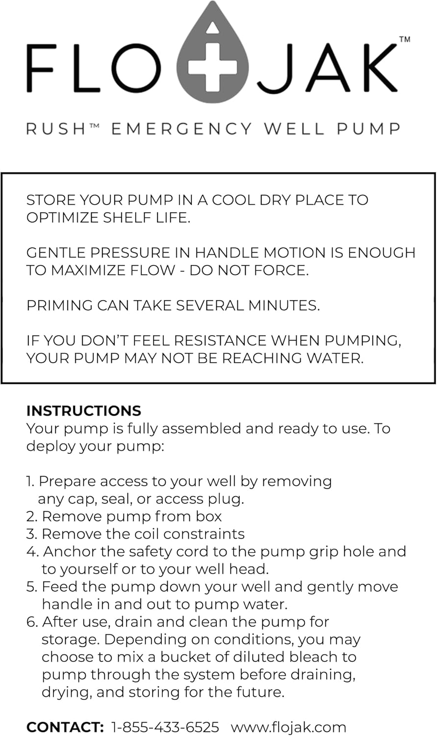 Flojak 50ft Emergency Backup Well Pump Kit – Manual Rush™ Water Pump for Off-Grid Living, Power Outages, Disasters, and Survival – No Electricity Required – Easy DIY Use