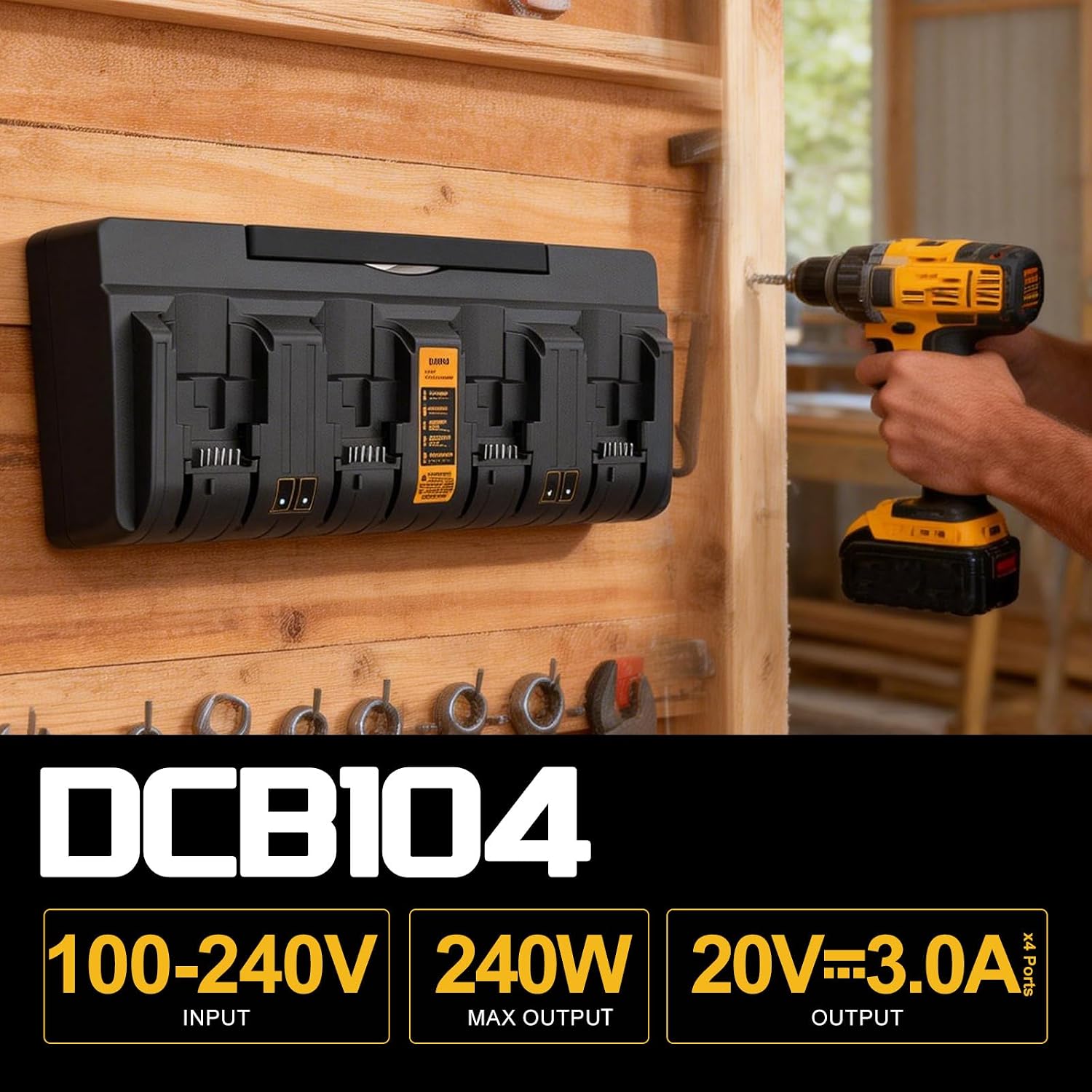 DCB104 Multi Battery Charger, 4 Port Fast Charger Station Compatible with Dewalt 12V MAX / 20V MAX Batteries DCB122 DCB124 DCB126 DCB201 DCB203 DCB204 DCB206 Wall Mountable