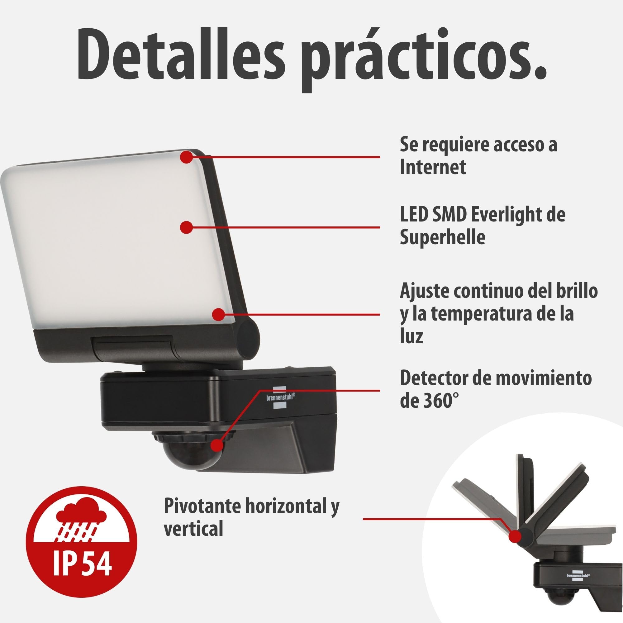 Brennenstuhl Connect WiFi Foco LED WF 2051 P (24W, 2800lm, IP54, varias funciones de luz ajustables a través de la aplicación, foco de exterior para montaje en pared con detector de movimiento)