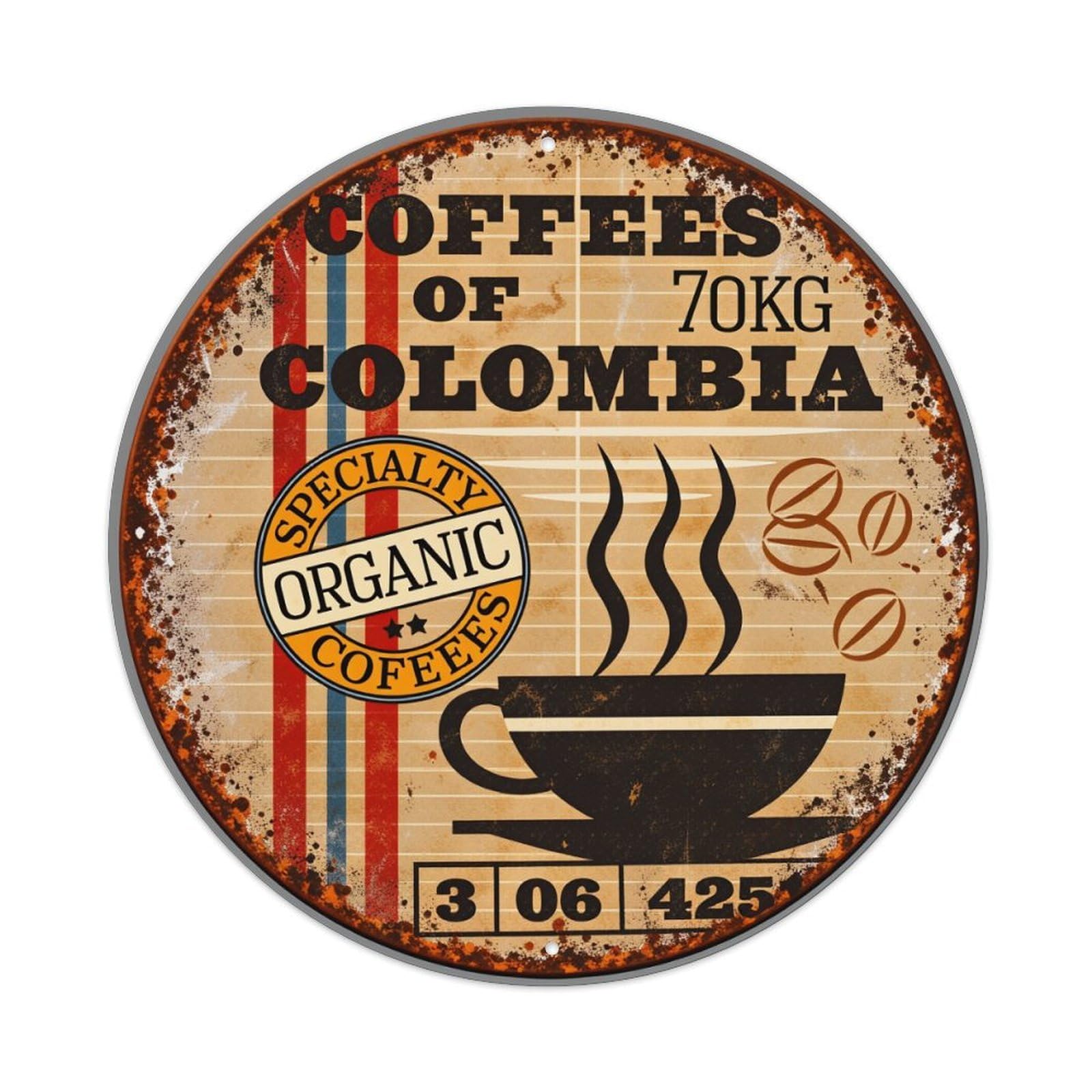 Coffee Cup Steam Beans Flag Round Tin Sign Vintage Style Metal Sign Home Bar Garden Wall Plaque Decor Metal Poster 8x8 Inch