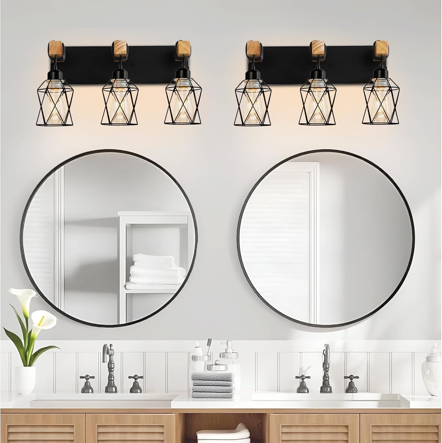 Farmhouse Bathroom Vanity Light, 3-Lights Wood Rustic Bathroom Light Fixtures Over Mirror, Black Industrial Sconces Wall Lighting with Metal Lampshade for Hallway, Living Room, Bedroom
