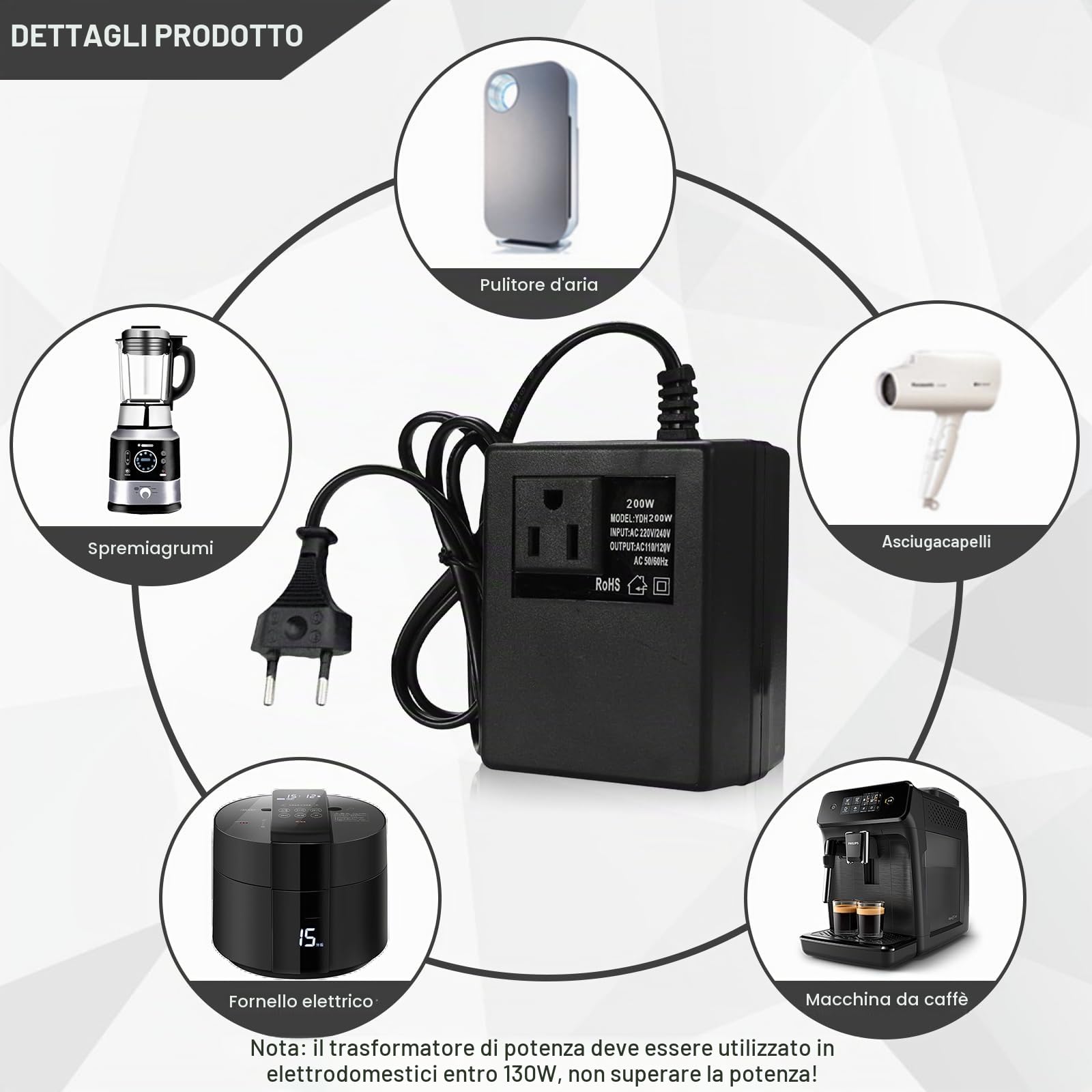 Trasformatore di tensione da 220 V a 110 V, 200 W, adattatore di alimentazione passo verso il basso, adattatore di corrente da viaggio, convertitore di tensione, spina EU