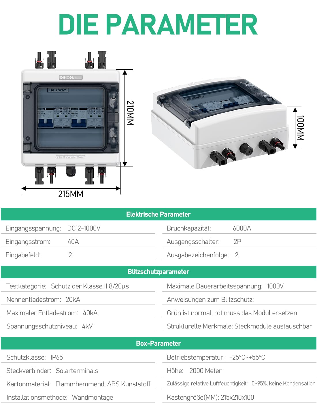 DIHOOL DC überspannungsschutz PV Anlage 2 Strings Solar Anschlusskasten für 2 * 600W Solarmodule Balkonkraftwerk, DC Trennschalter 40A 1000V