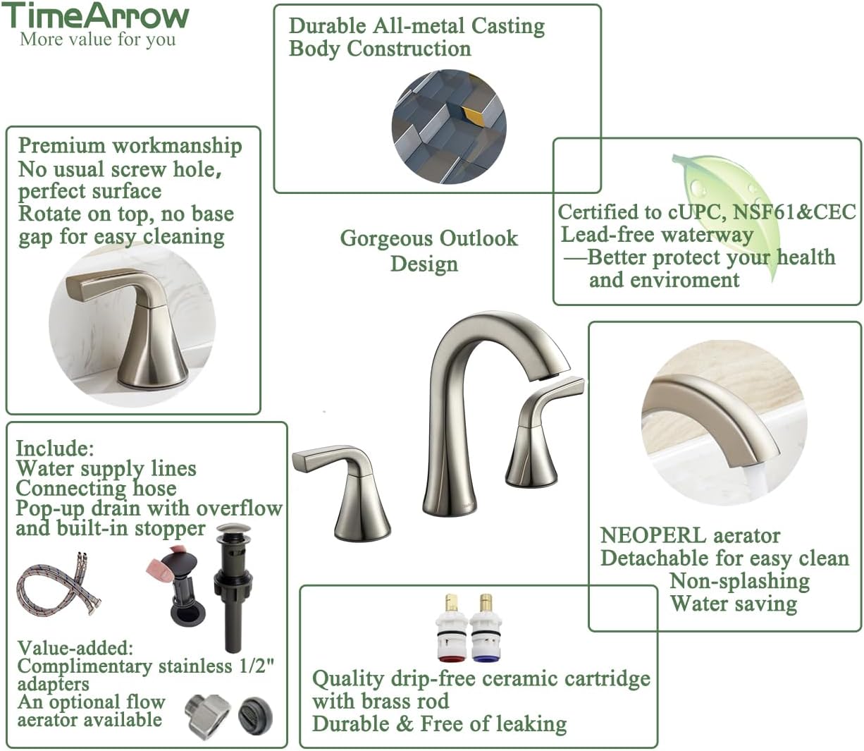 TimeArrow Bathroom Faucet with Pop-up Drain and Supply Lines, Brushed Nickel Widespread Bathroom Sink Faucet for Lavatory Vanity RV Farmhouse, TAF826-BN