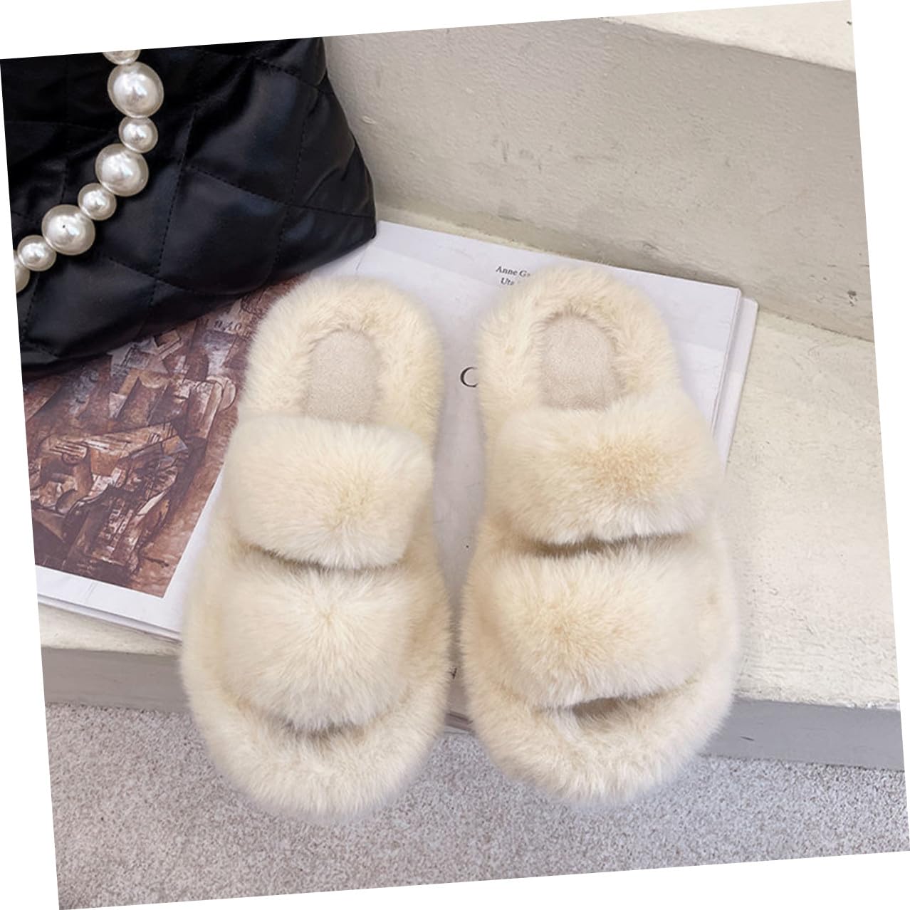 POPETPOP Pantofole Donna Peluche Calde e Comode per Casa in Gomma Antiscivolo, Stile Elegante e Morbido Pelliccia Bianca per Autunno e Inverno