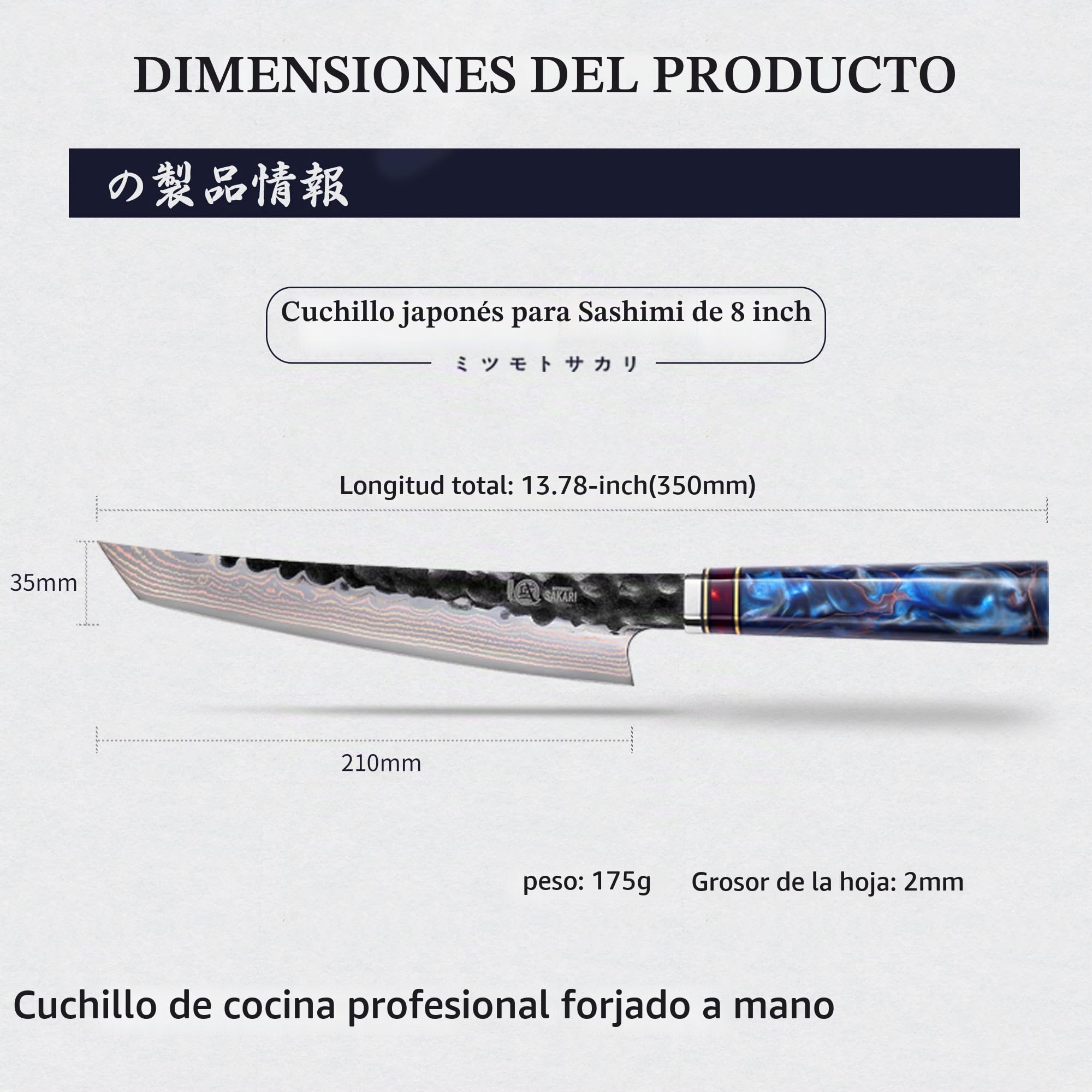 MITSUMOTO SAKARI Cuchillos Japoneses Sushi, 21 cm Cuchillo Yanagiba | Damasco Tricolor de Cobre Forjado a Mano, Cuchillos Cocina Profesional para Sashimi, Mango de Resina Azul y Caja de Regalo