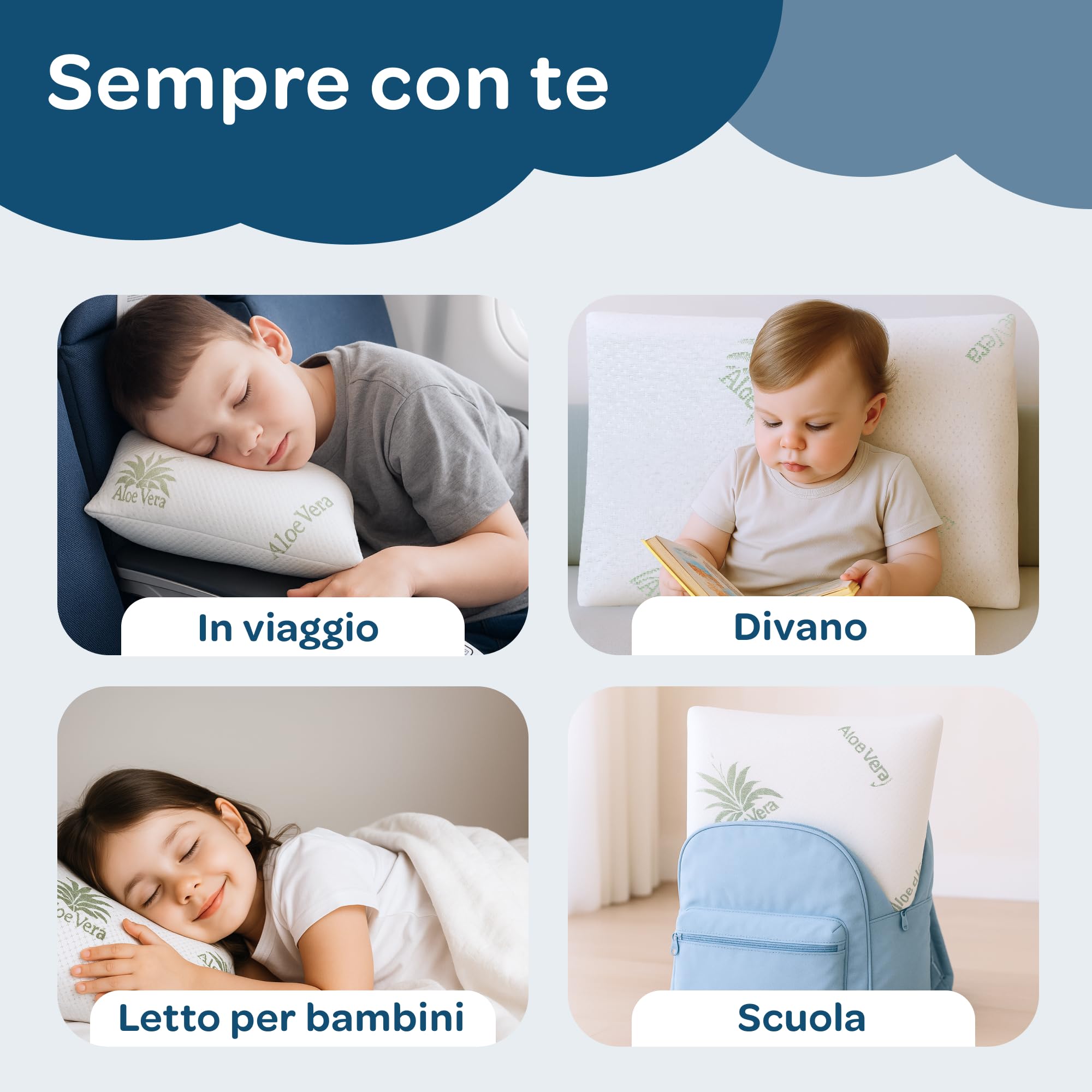 DOLCI SOGNI Cuscino Lettino Bambino fino a 5 anni | Antisoffoco 50x30 Memory Foam Spessore 5,5 cm, OEKO-TEX® e CertiPUR™ | Cuscino per Asilo | Cuscino da Viaggio Modello Aloe 100% Made in Italy