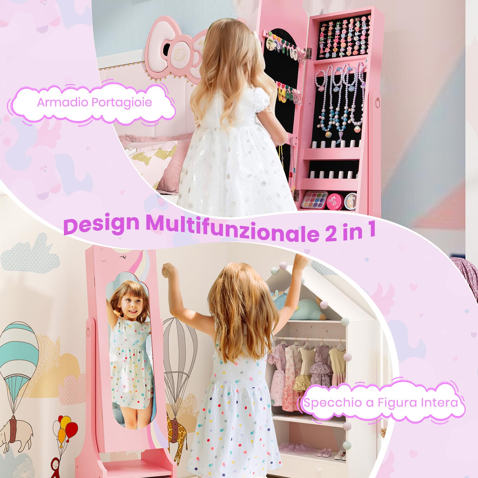 GYMAX Armadio Gioielli per Bambini, Specchio a Figura Intera con 2 Angoli Regolabili, Organizzatore di Gioielli da Principessa con Cassetto per Camera da Letto, Cameretta, 31,5 x 30 x 115cm (Rosa)