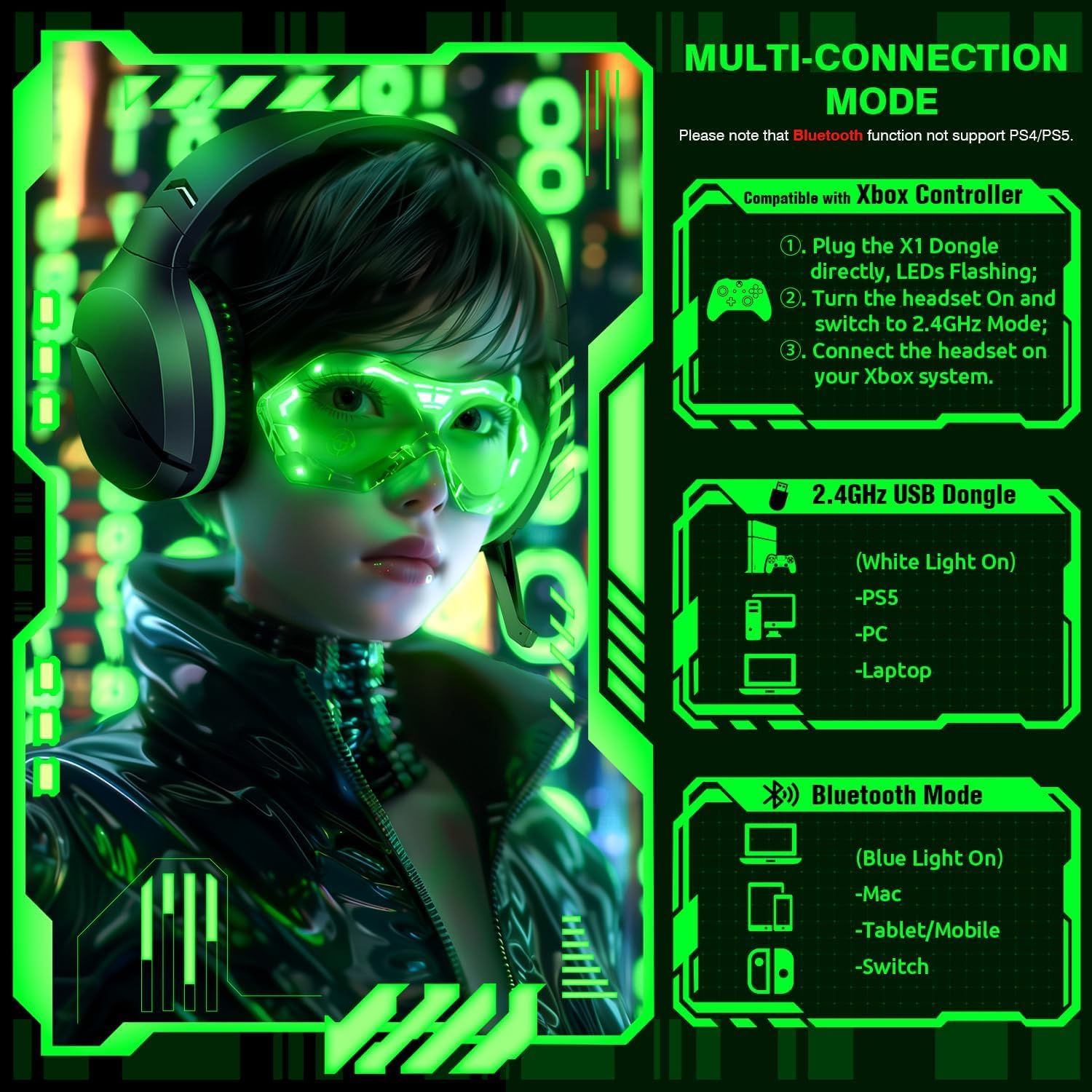 WolfLawS X3 - Auriculares inalámbricos para juegos para Xbox Series X|S, PS5, PC, Mac, Switch, auriculares Bluetooth con micrófono con cancelación de ruido, color negro y verde
