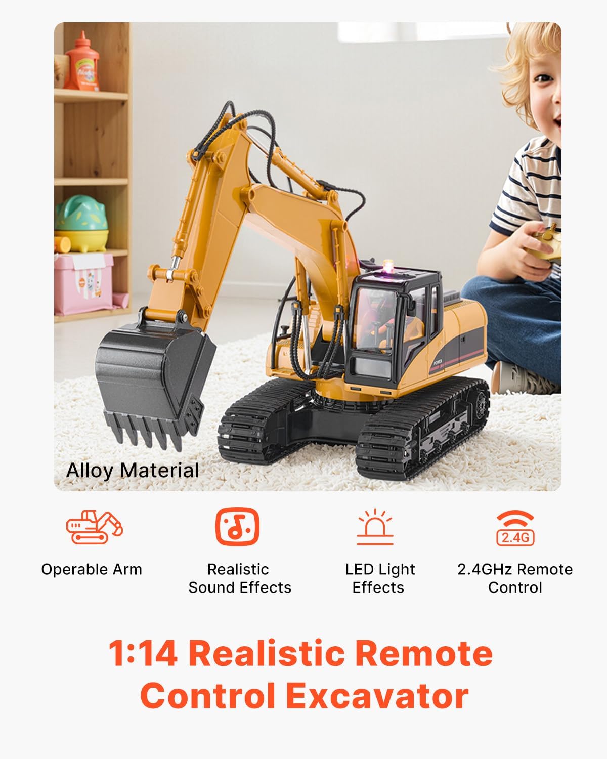 VEVOR Remote Control Excavator Toy 15 Channel 3 in 1 Remote Control Digger with Metal Shovel 1:14 Scale RC Excavator with Light & Sound Full Functional Construction Vehicles for Kids 2 Batteries