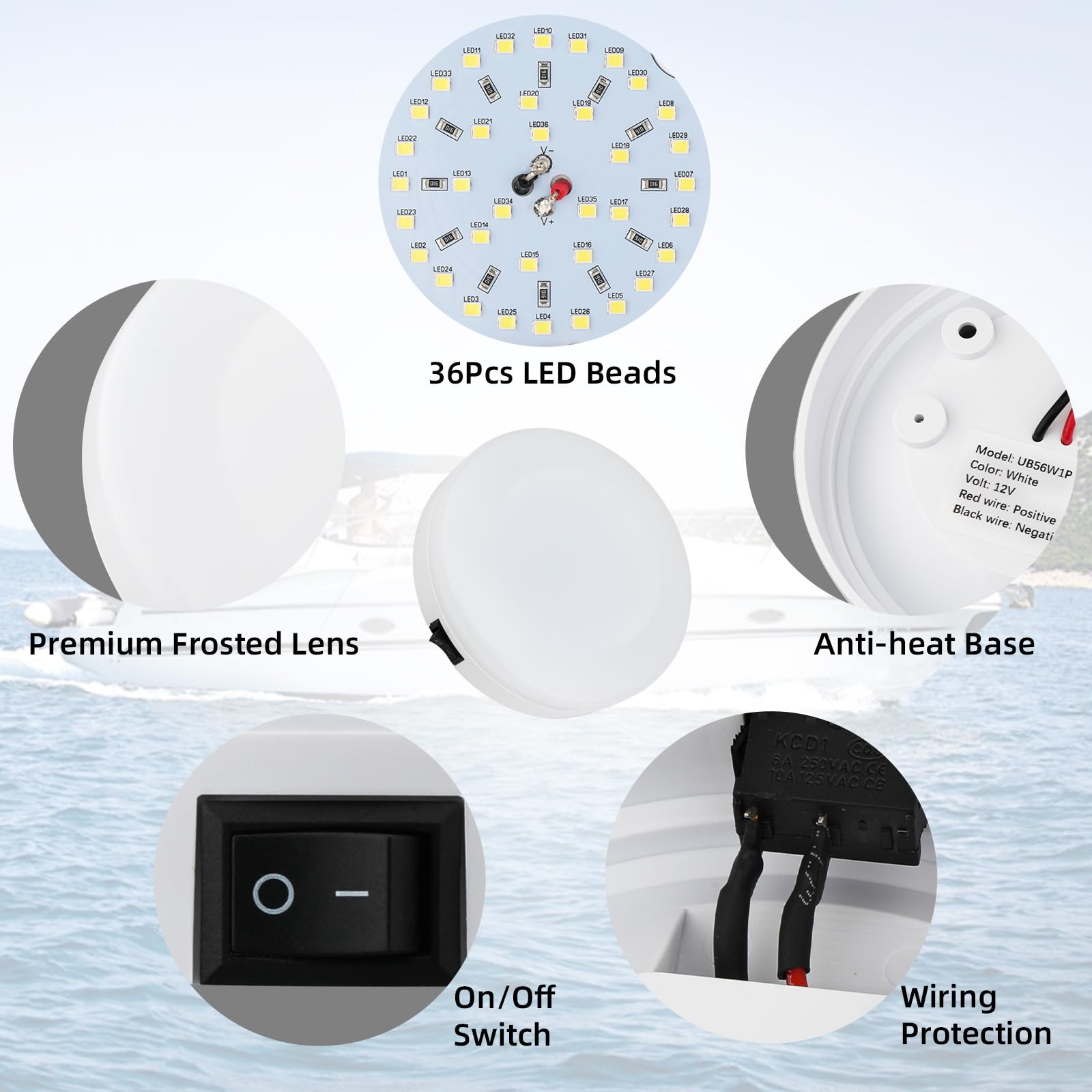 5.6 Inch Boat Dome Light, Boat Interior Lights 12V, Marine LED Courtesy Lighting with ON/Off Switch, Waterproof Marine Interior Lighting for Yachts Boats RV Trailers(6000-6500K Cool White)
