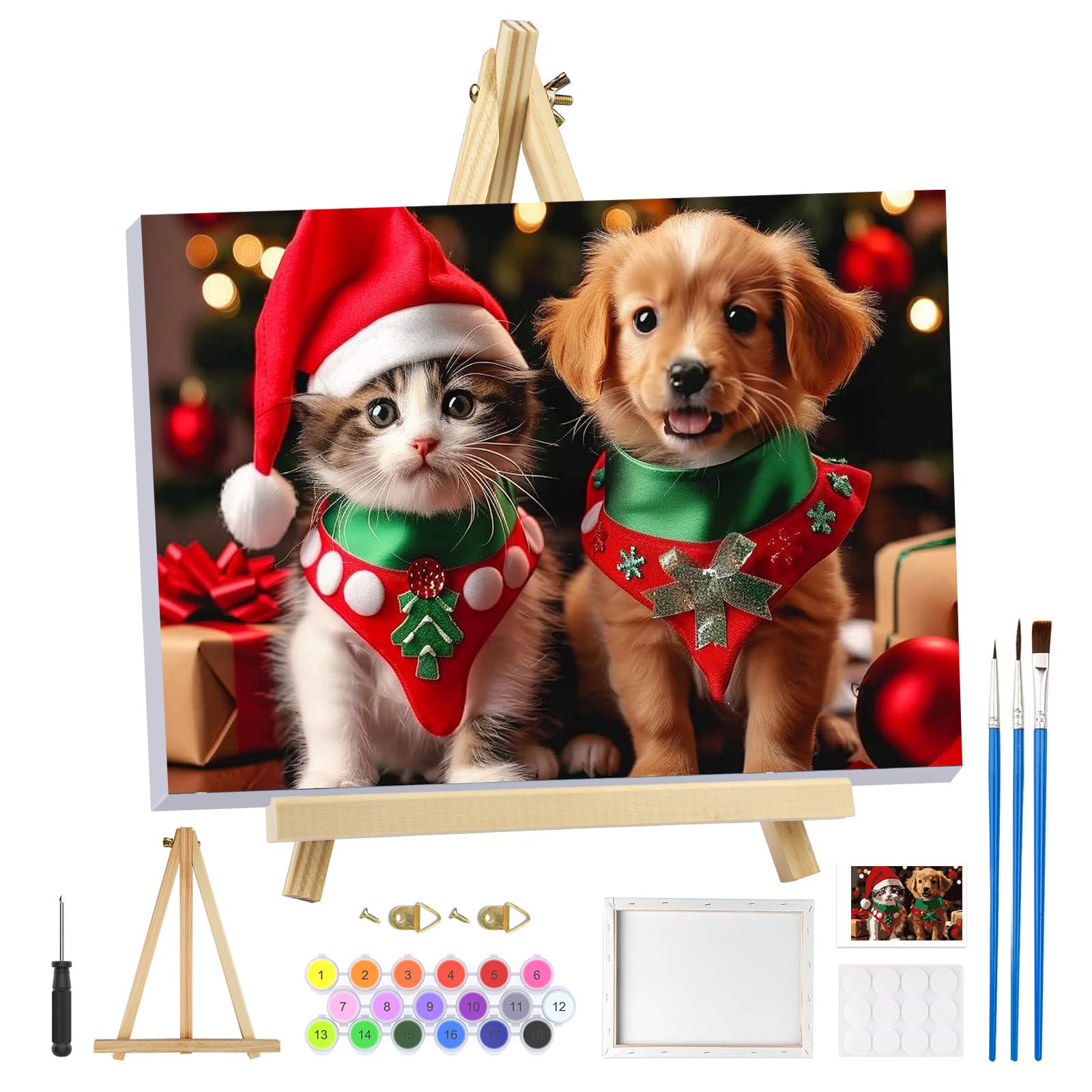 MOGTAA Christmas Paint by Numbers for Adults Beginner with Frame, Christmas Cat and Dog Painting by Numbers for Adults with Easel, DIY Oil Painting Kits Art Crafts for Home Decor, 8x12in