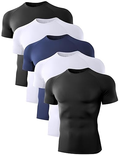 Dalavch 5 Pack Men’s Compression Shirts Short Sleeve Cool Dry Sports Athletic Workout Base Layer Undershirt T-Shirt Tops - 2 Black 2 White 1 Blue - Large