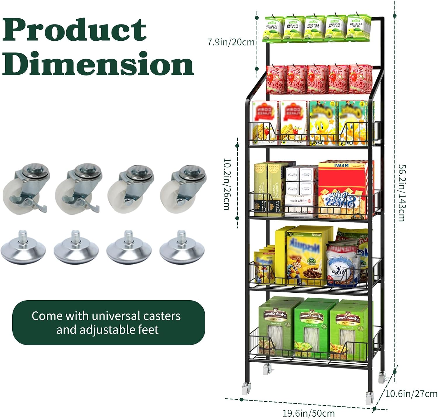 tonchean 4 Tier Retail Snack Rack Display Stand, Retail Candy Chip Vendor Display Shelves, Black Metal Snack Display Rack Shelf with Wheels, Candy Snack Organizer Cart Concession Stand Display
