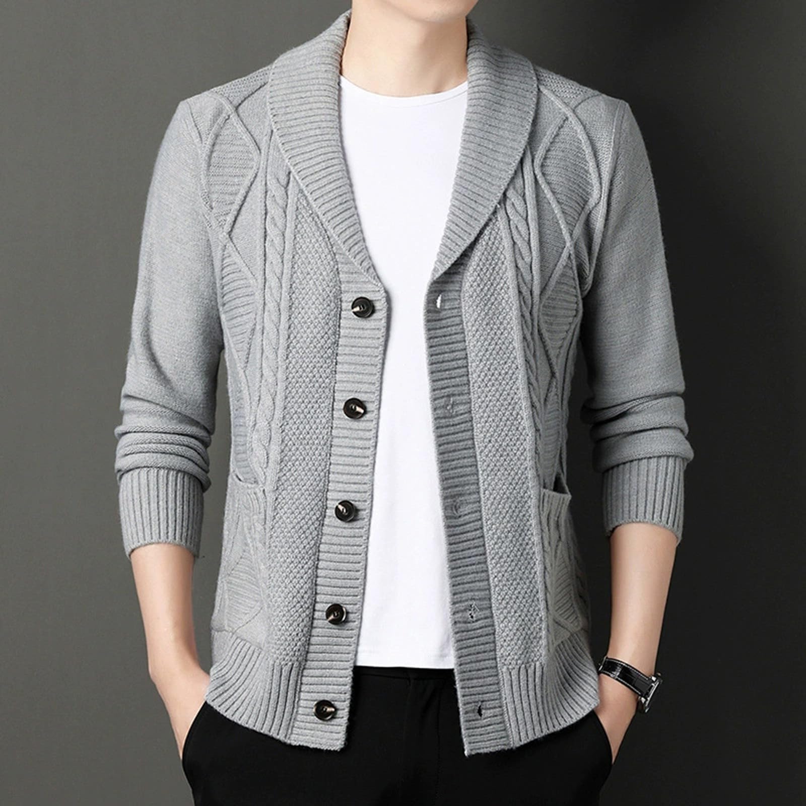 Cardigan Hombre Lana, Jersey Hombre Invierno Cuello con Solapa Manga Larga Cárdigan De Punto Cierre De Botones Chaqueta Invierno Holgado Casual para Otoño Invierno