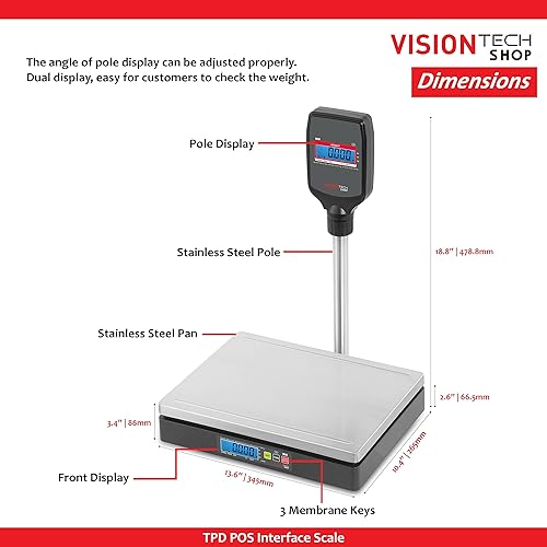 Miniatura 9 de VisionTechShop TPD-60LB, Báscula de porción de interfaz POS con la mayoría de los sistemas ECR y POS, LbOzKg conmutable, capacidad de 60 libras