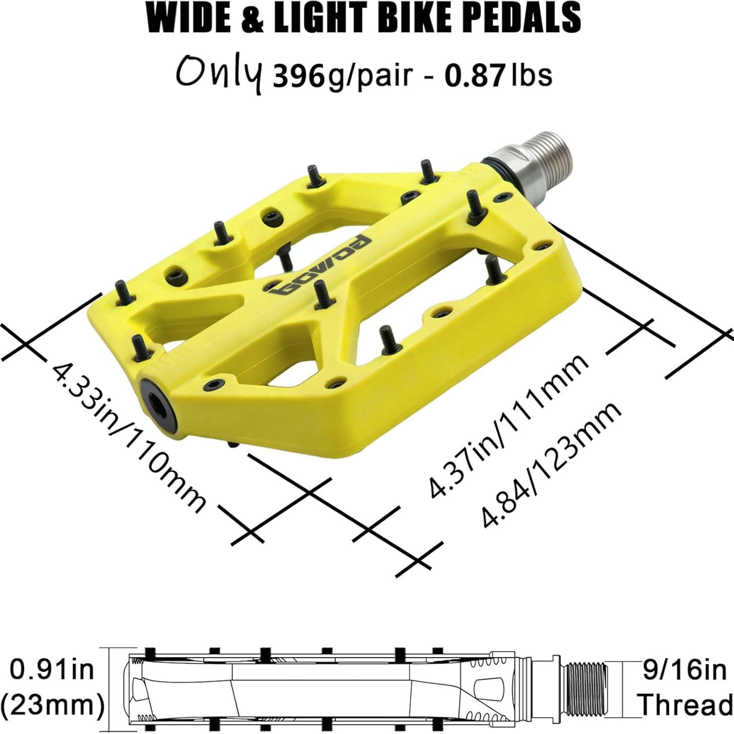 MTB Pedals Large Mountain Bike Pedals, Lightweight Nylon Fiber Composite Bicycle Platform Pedals, Grippy Pedals w 18 Pins, Cr-Mo Spindle fit w 2 Bearings, Clipless Pedals for BMX MTB Bike 9/16"
