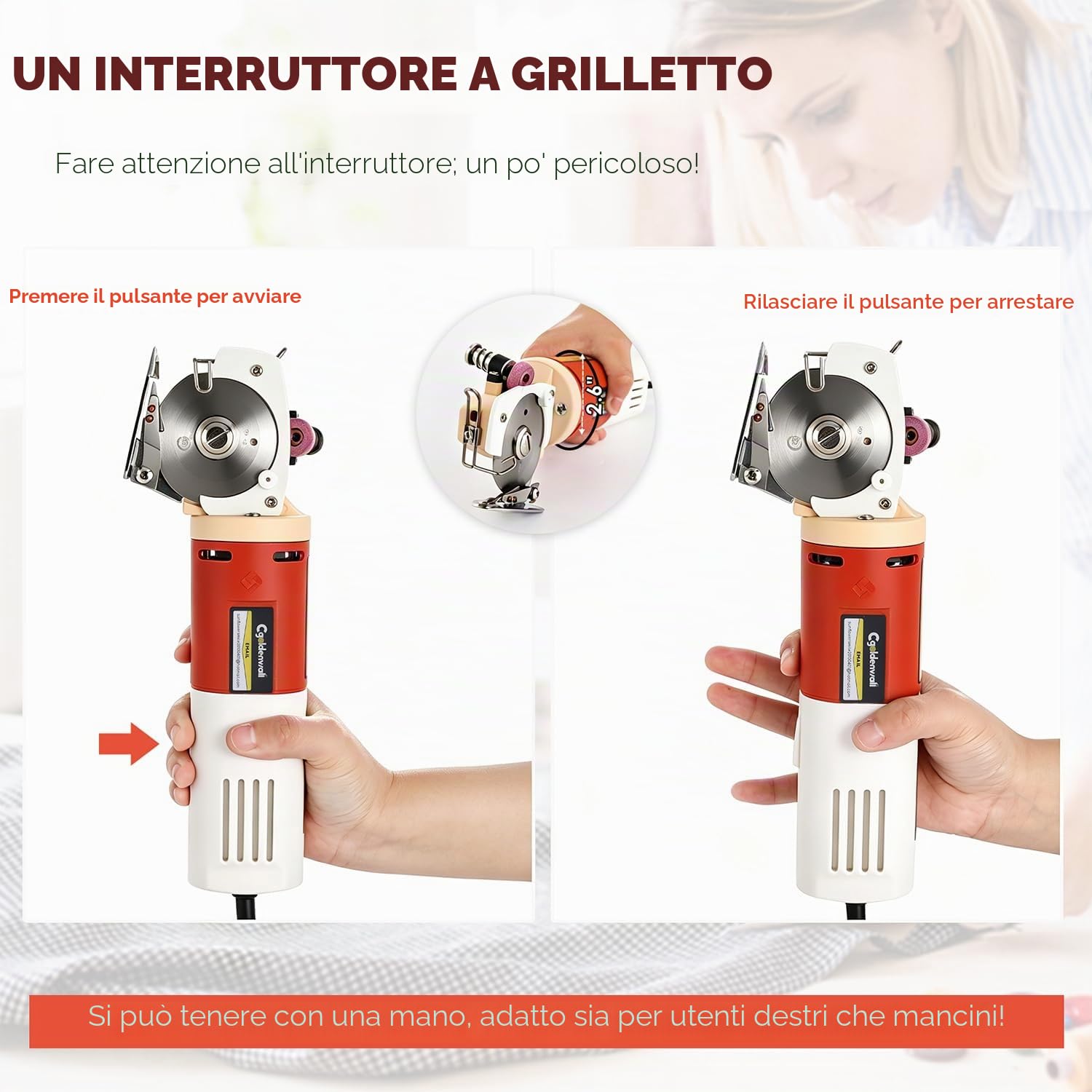 CGOLDENWALL Forbici Elettriche per Tessuti 170W con Rotella di Affilatura Automatica, 1 Lama di Ricambio da 22mm (0,87 pollici) max. Taglio per Pelle, Cartone, Moquette YJ-65