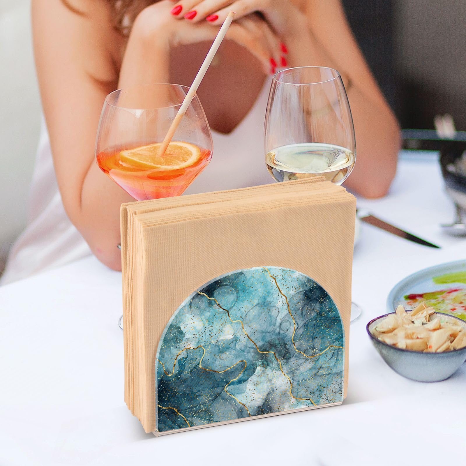 Servilletero acrílico para mesa, cocina, fiesta, restaurante, dispensador de servilletas vertical en forma de U, organizador de servilletas azul mármol