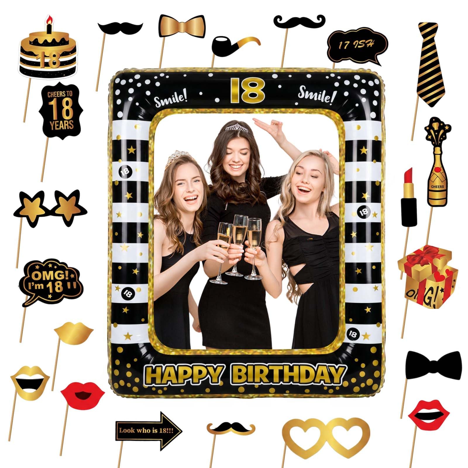 30PCS 18th Birthday Photo Booth Props with Giant Inflatable Selfie Frame, Black Gold Party Decorations for Boys Girls, Funny Birthday Selfie Props Kit for 18th Birthday Party Supplies Gifts