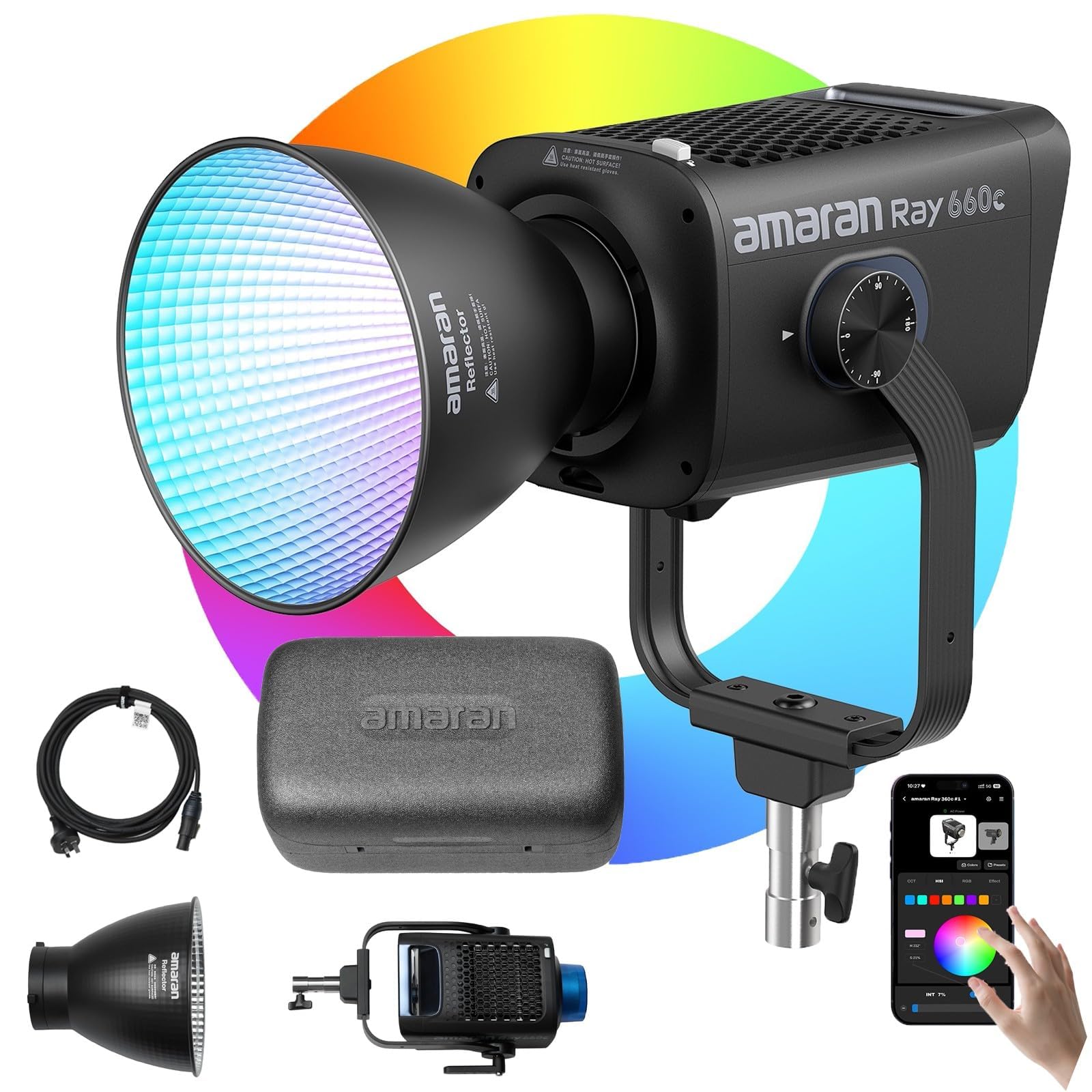 Amaran Ray 660c Luce Video LED RGBWW, 660W Potente Luce Studio COB Full-Color, Design All-in-One con Alimentazione Integrata, IP54 Impermeabile, 2.300K-10.000K, OmniColor Engine, Controllo App/DMX
