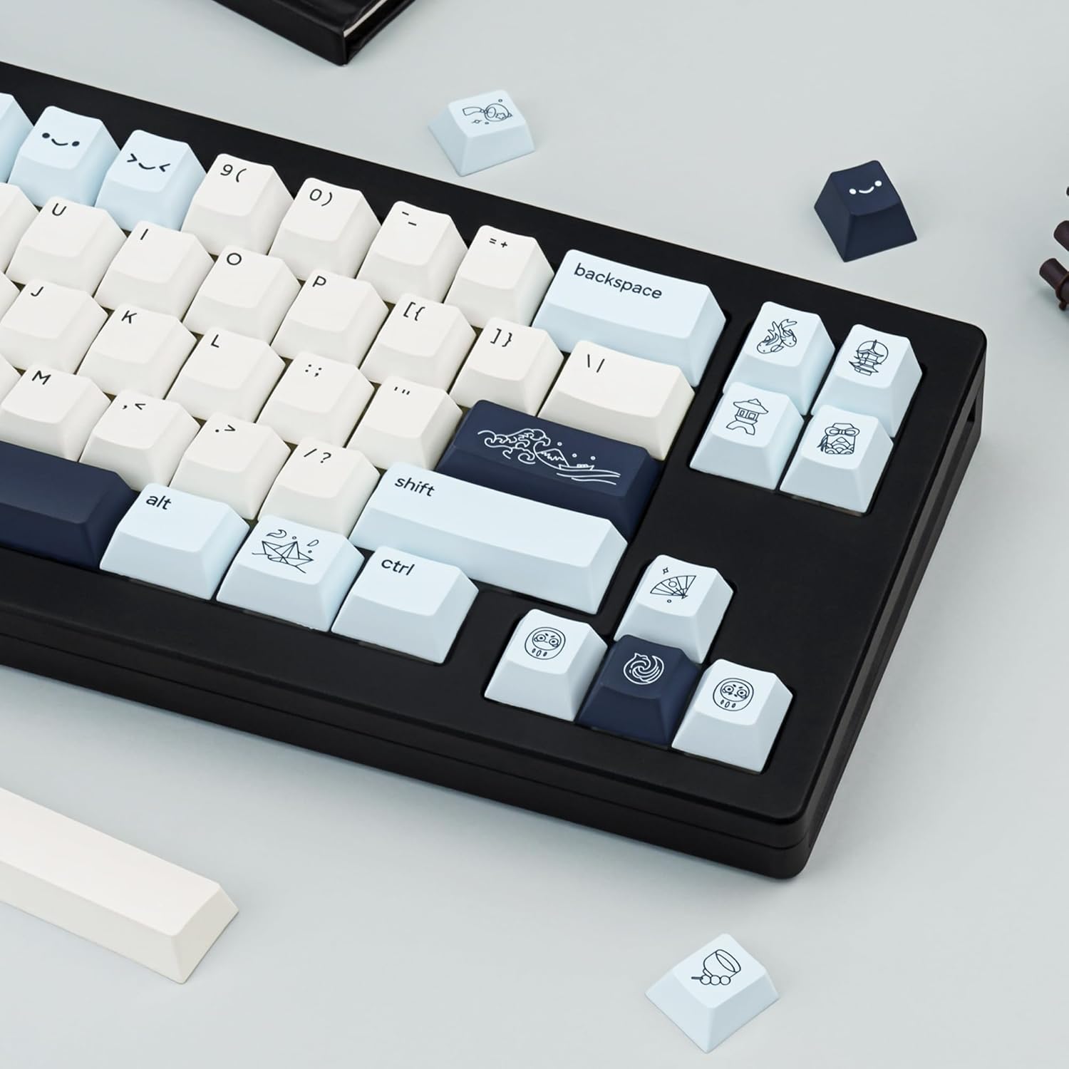 Cute PBT Keycaps 130 Keys, Minimalist Style Key Cap Blue White Anime Keycaps, Cherry Profile Dye-Sublimation Key Caps for Cherry MX Switches Mechanical Gaming Keyboard 60% 75% 100%