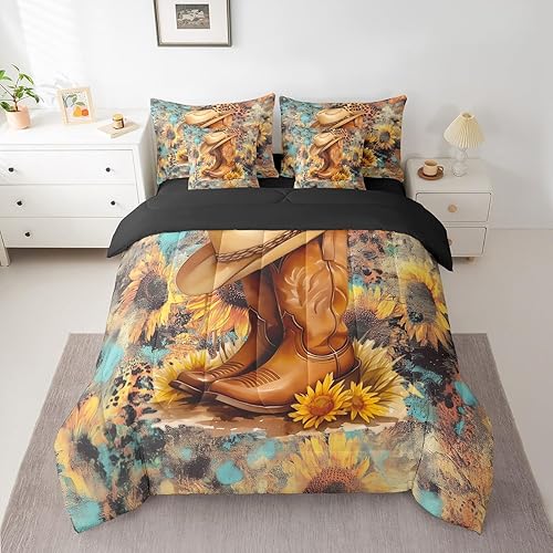 jejeloiu Western Decor Comforter Set with Sheets Twin Size Cowboy Hat Boots Bed 