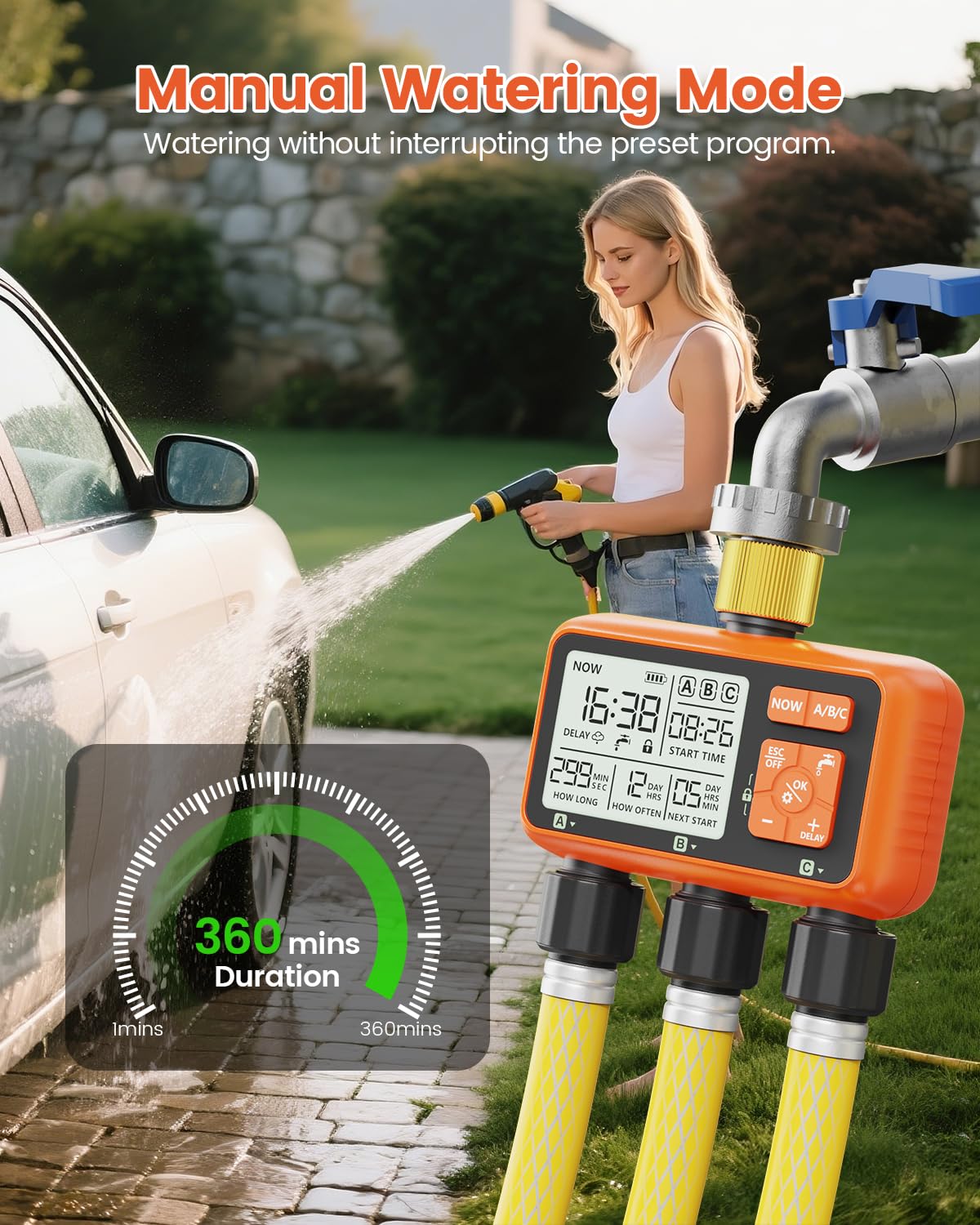 Timer per irrigatore a 3 zone con ingresso in ottone Timer dell'acqua per tubo da giardino Regolatore programmabile del rubinetto del tubo flessibile con controllo della zona indipendente Ritardo