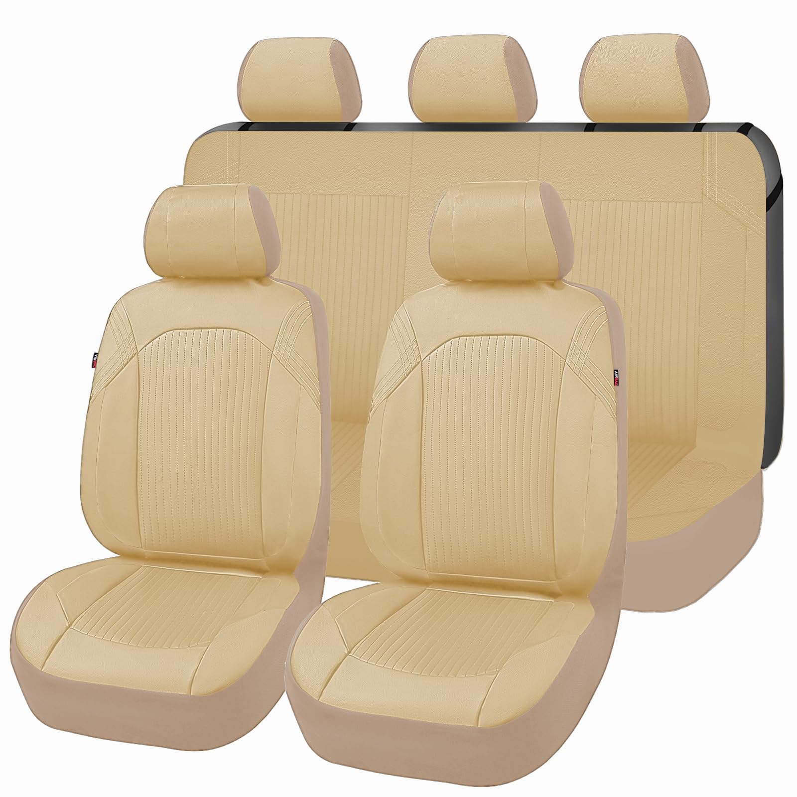 Flying Banner Synthetic Leather car seat Covers Full Set Front and Rear Bench Fashion Easy Installation Cup Holder Free (Solid Beige, Low Bucket - Full Set)
