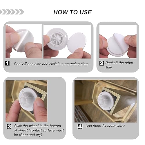 Miniatura 6 de PlusRoc Paquete de 8 ruedas autoadhesivas para electrodomésticos, capacidad de carga de 14 libras por rueda, mini ruedas giratorias deslizantes para