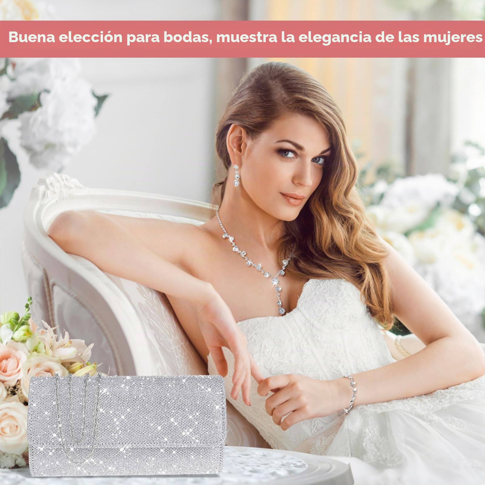 Yolev Conjunto Joyas Mujer de Boda Nupcial Bolso de Embrague de Plata Bolso de Cena Joyas de Diamantes de Imitación Collar Pendientes Novia Pulsera Conjunto de Joyas de Baile Dama de Honor Nupcial