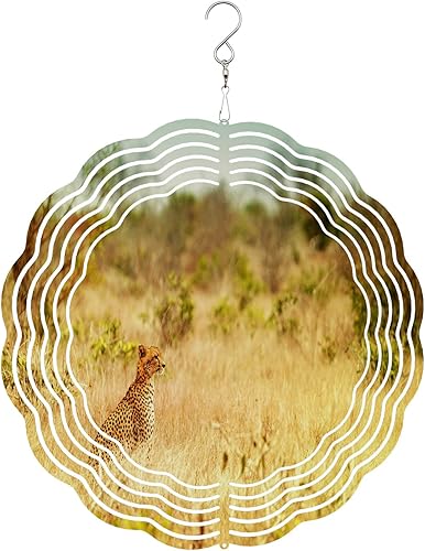Stainless Wind Spinner, Wild Leopard Animal World South Africa Wind Sculpture Metal Decoration with Swivel Hanging Hooks, Perfect for Garden, Yard,