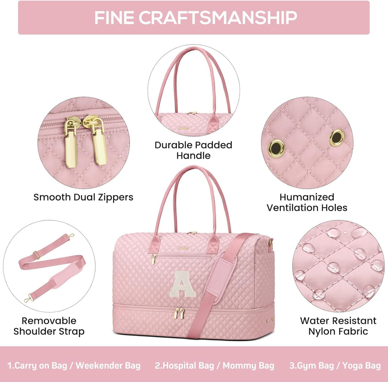 Letter Weekender Bags for Womens- Duffle Bag with Shoe Compartment Personalized Overnight Bag with Toiletry Bag Duffel Bags for Gym Hospital Bags Gift for Women Pink (Letter A) - Image 5