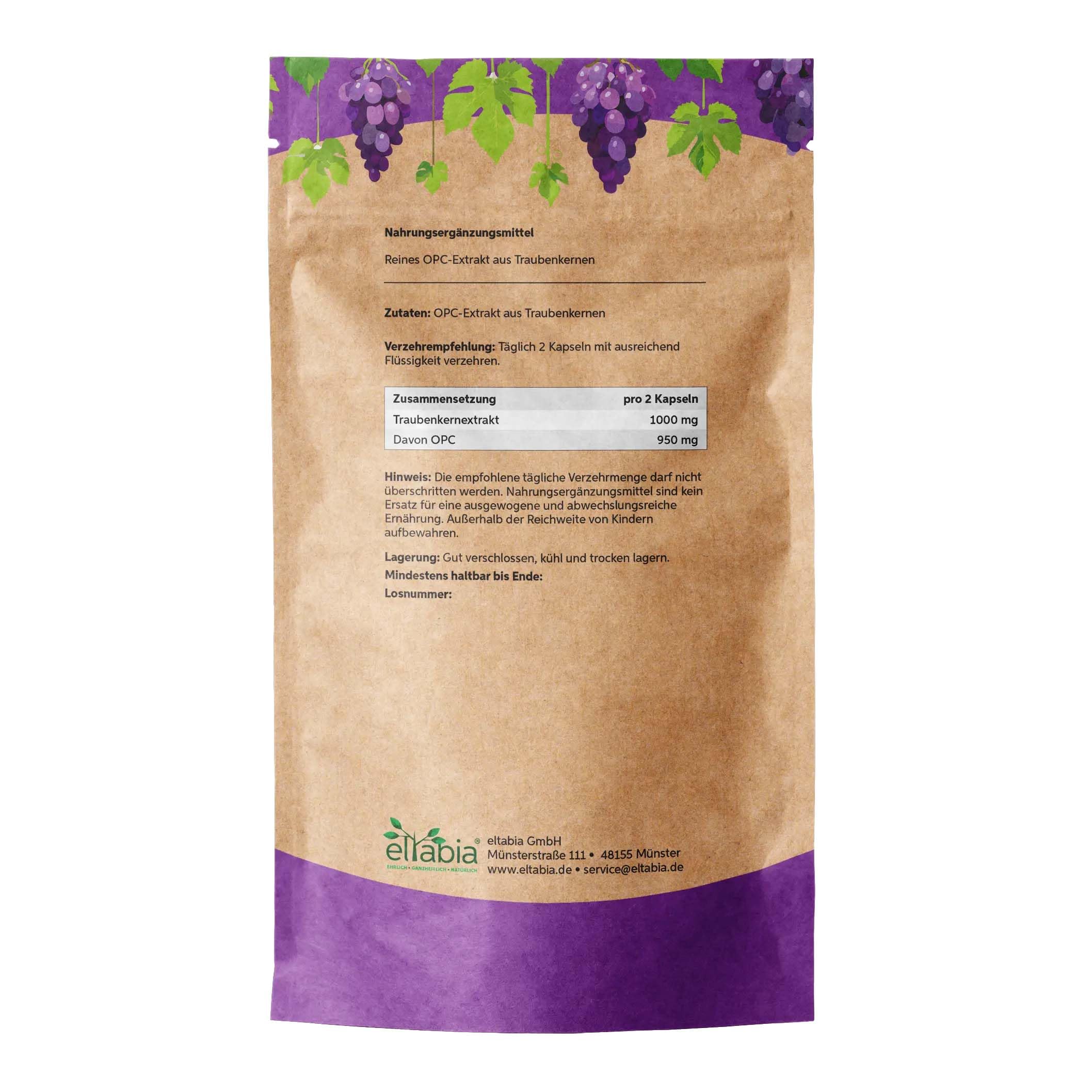 OPC Traubenkernextrakt Kapseln 500 Stück | 95% OPC Hochdosiert 950mg Tagesdosis | Rohkost Qualität Traubenkern Pulver vegan und frei von Zusätzen