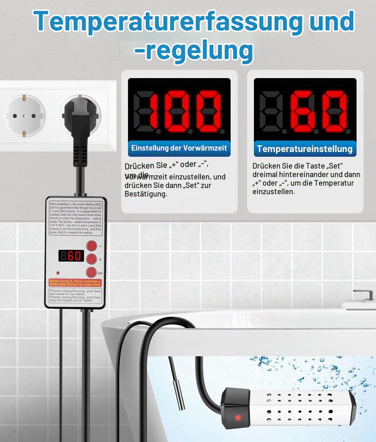 WADEO Tauchsieder 2500W mit Digitaldisplay und Isoliergriff, Elektrischer Tauchwasserbereiter Wassererhitzer, Präzise Temperaturregelung, Tragbarer Wasserkocher Edelstahl für Camping, Reise, Notfälle