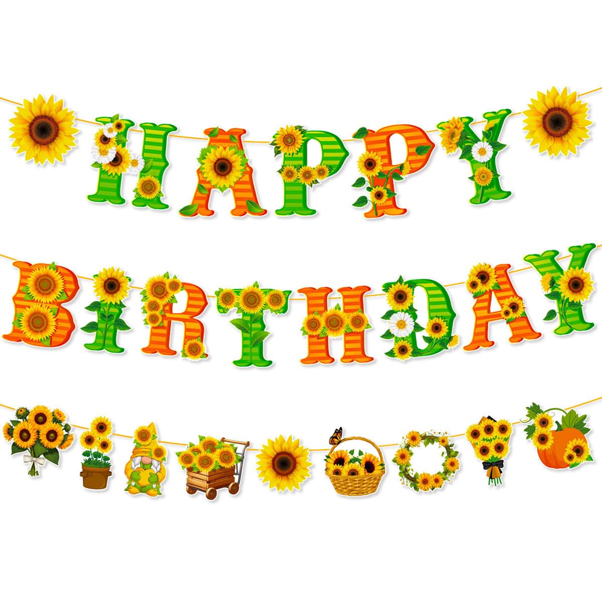KSHGTB Sunflower Birthday Banner - Green Yellow Orange Bunting Garland Hanging Paper, Sunflower Themed Party Decorations for Boys Girls Kids Women, Spring Summer Happy Birthday Party Supplies