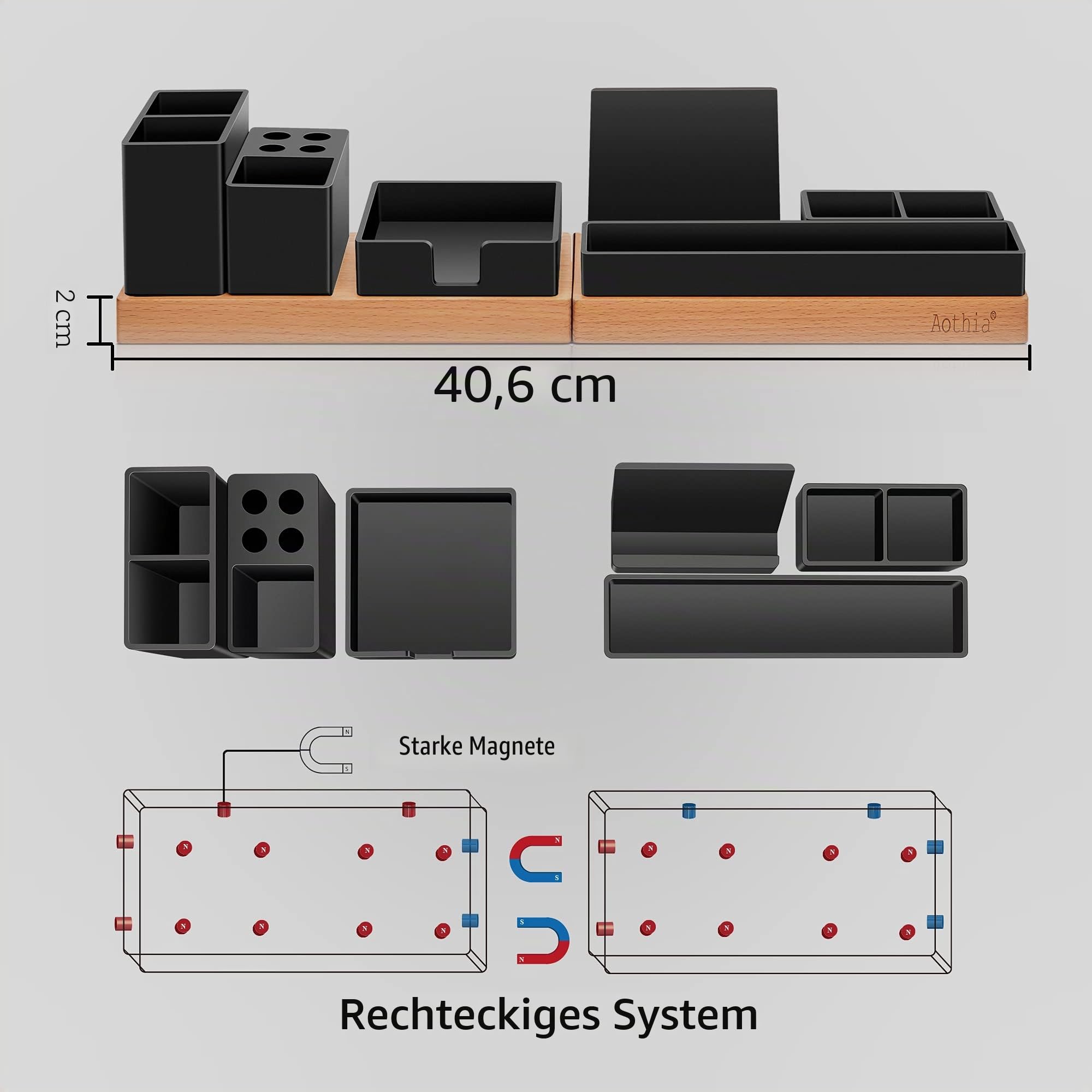 Aothia Schreibtisch Organizer Tischorganizer Holz-Büro Organizer-Verstellbarer Stifthalter, Telefonständer, Haftnotizen,Bleistiftschale, DIY-Dekoration-Tisch Organizer,Schwarz
