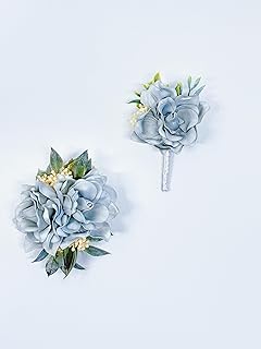 Ting & Cecilly Dusty Blue Corsage and Boutonniere Set for Wedding Flower Accessories Prom Suit Decorations (Dusty Blue)