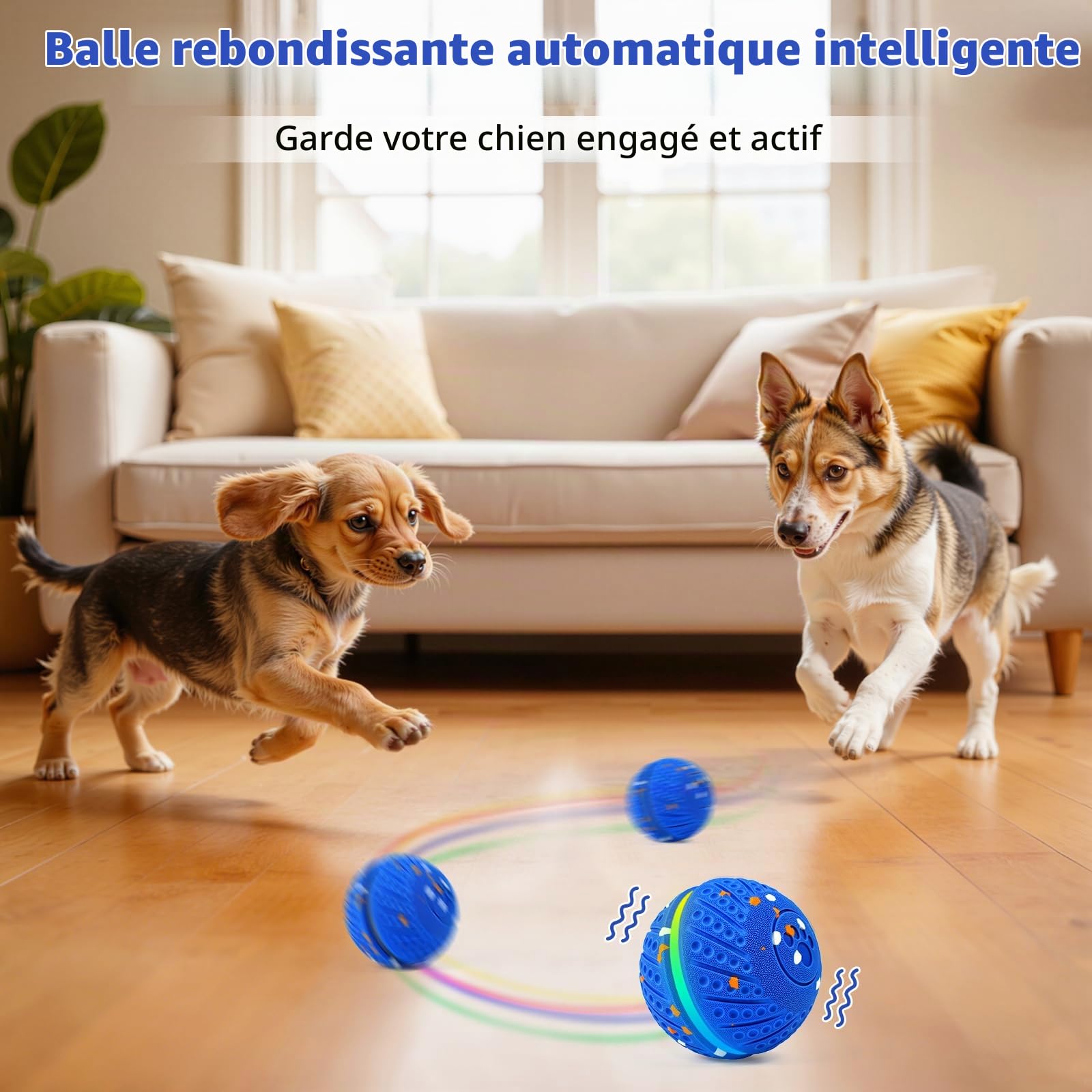 Jouet intelligent pour chien - Balle pour chien - Jouet interactif intelligent avec lumière et 3 modes de jeu - Étanche - Rechargeable - Pour chiens de taille moyenne et grande