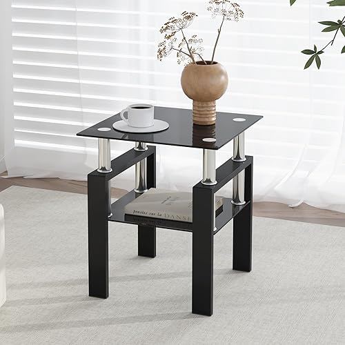 Miniatura 5 de IANIYA Mesa auxiliar moderna de cristal, mesa auxiliar de 2 niveles con parte superior de vidrio templado y patas de metal, mesa esquinera de noche