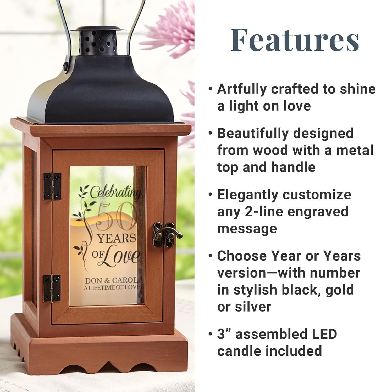 Let's Make Memories Personalized Anniversary Lantern - LED Candle - Automatic Timer - Wood/Metal - Celebration of Love - Custom Years - Gold Numbers