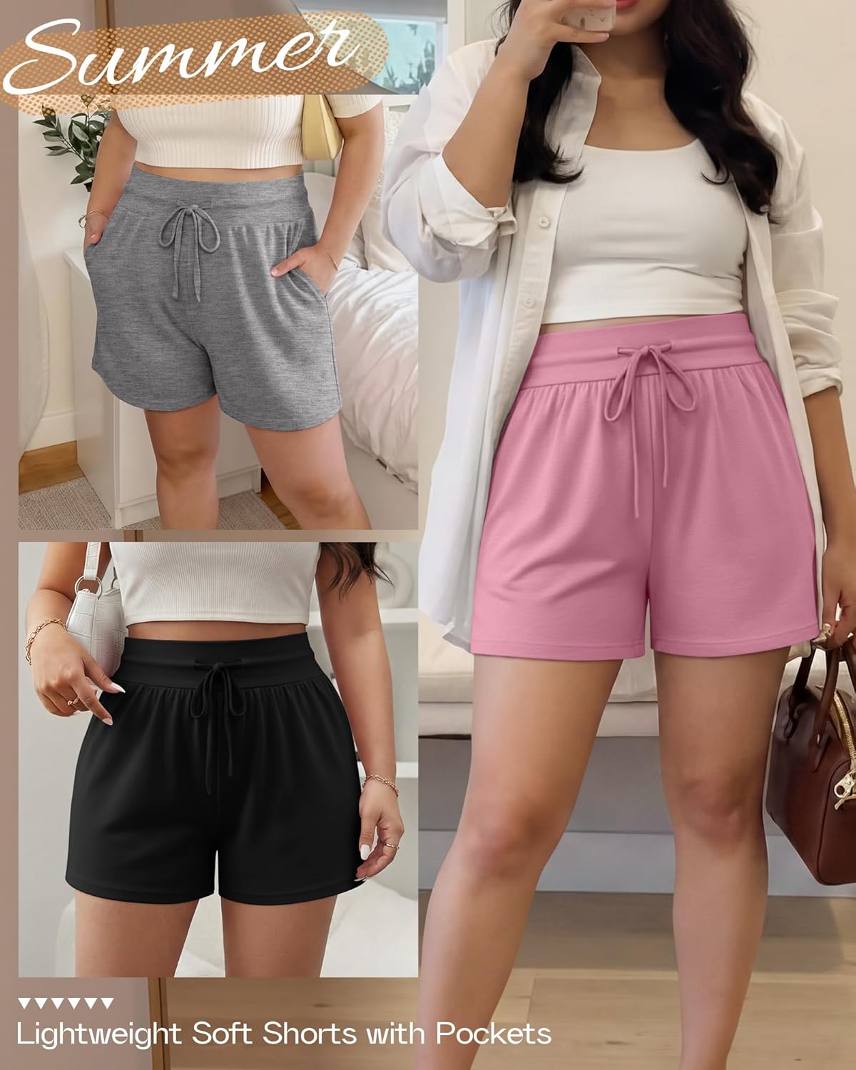 Neer 3 Pack Women's Plus Size Sweat Shorts, Drawstring Lounge Shorts Casual Summer Lightweight Soft Shorts with Pockets
