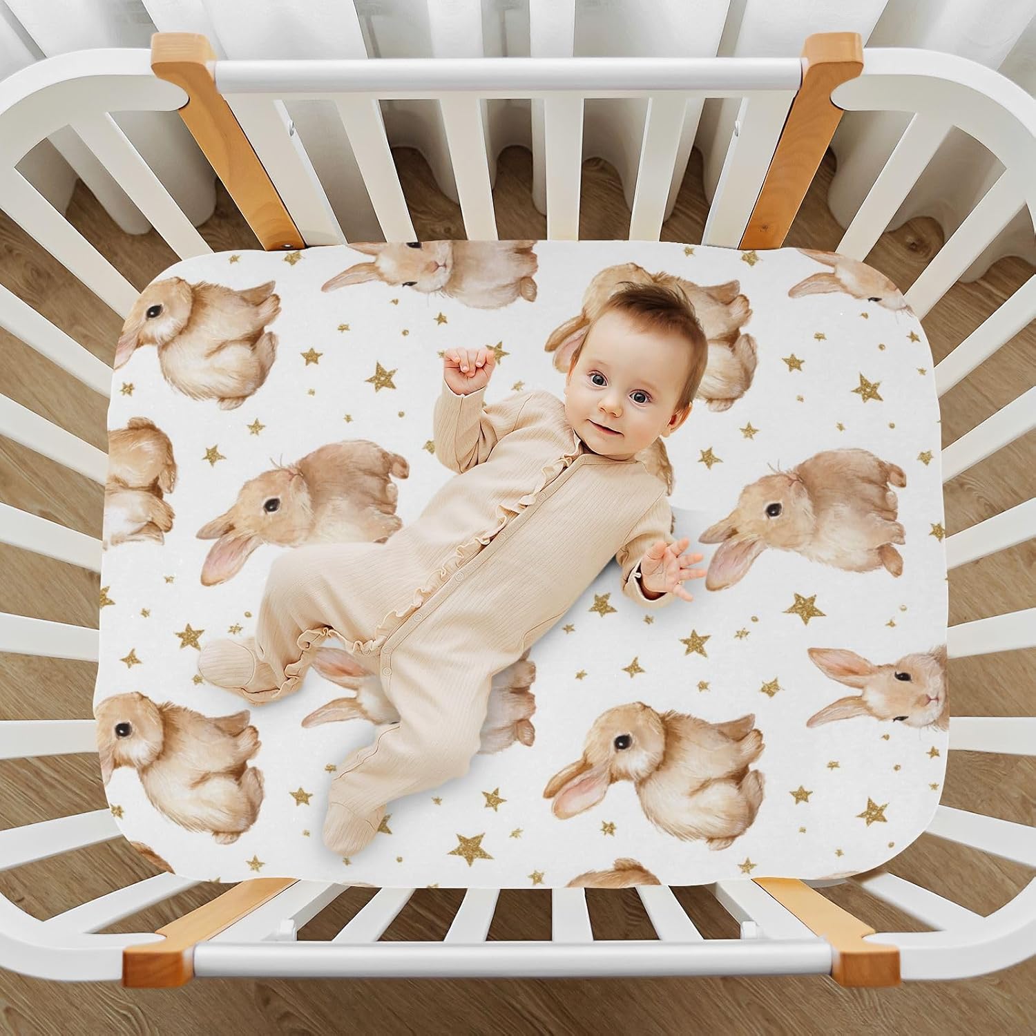 Caikeny Fitted Crib Sheet for Boys Girls Watercolor Rabbits Baby Crib Sheets Star Bunny Bassinet Sheets Crib Mattress Bed Sheets for Toddler Newborn Infant 52 X 28 in
