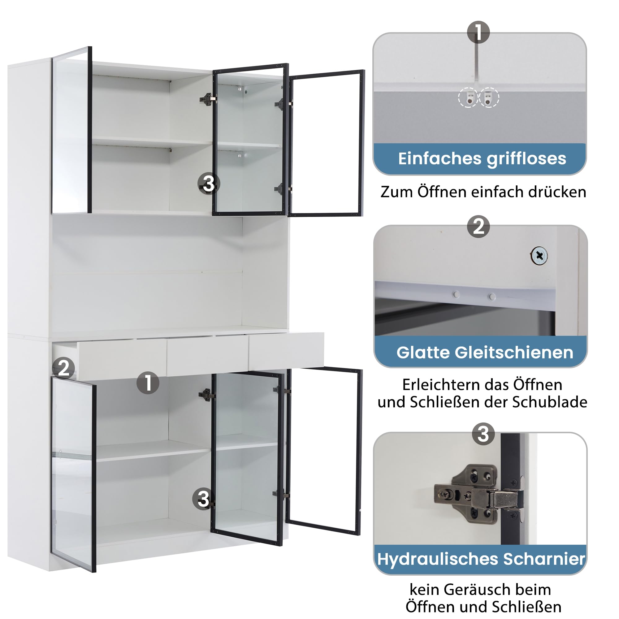 Kebnor Anta in vetro, altezza 200 cm, vetrina bianca con luci a LED, libreria multiuso per collezioni, camera da letto, soggiorno, ufficio, telaio porta bianco-nero