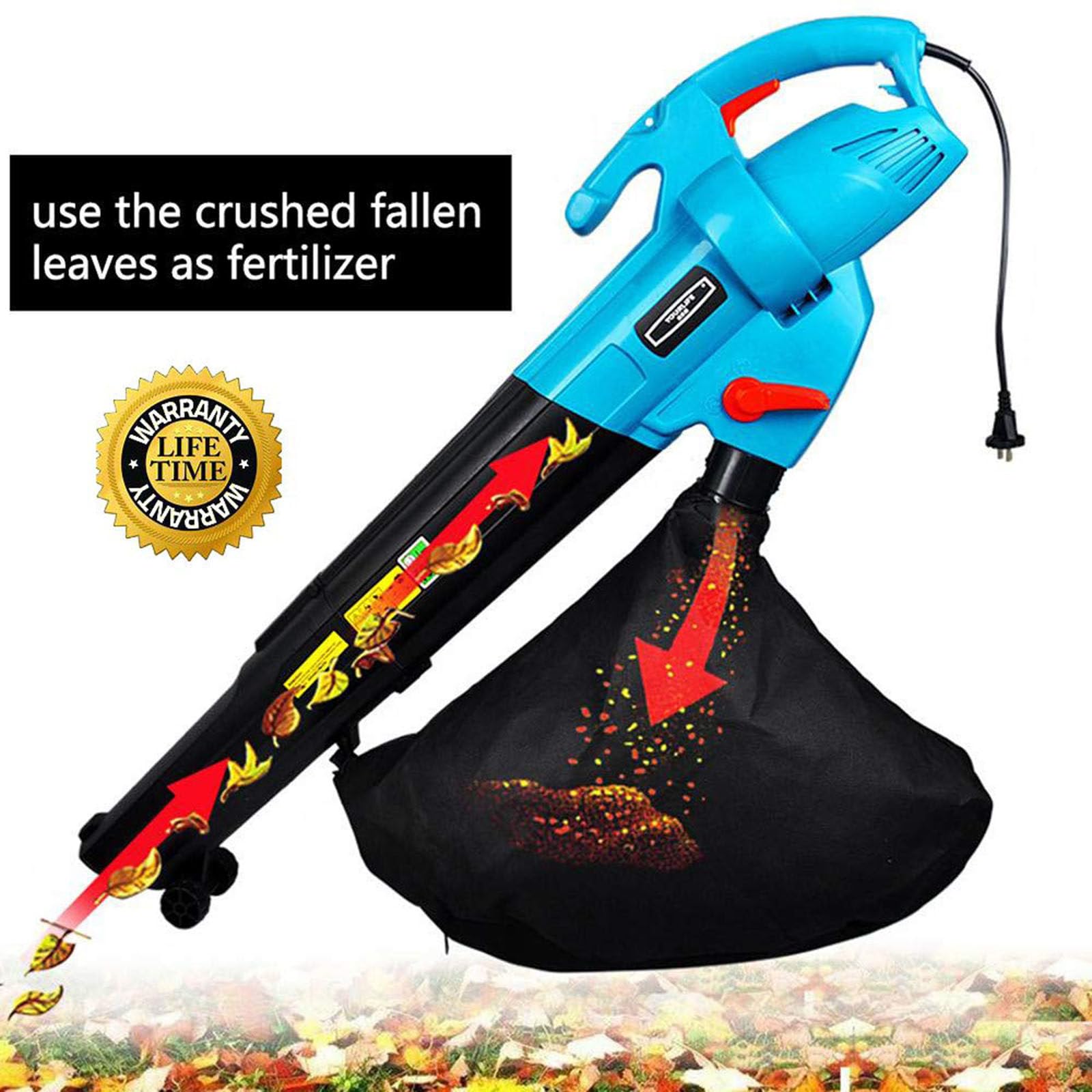 Aspiradora Sopladora De Hojas De 3000 W - Cable De 15 M, Sopladora/Trituradora De JardíN EléCtrica 3 En 1 Con Bolsa Recolectora De 45 L, Liviana Y Compacta