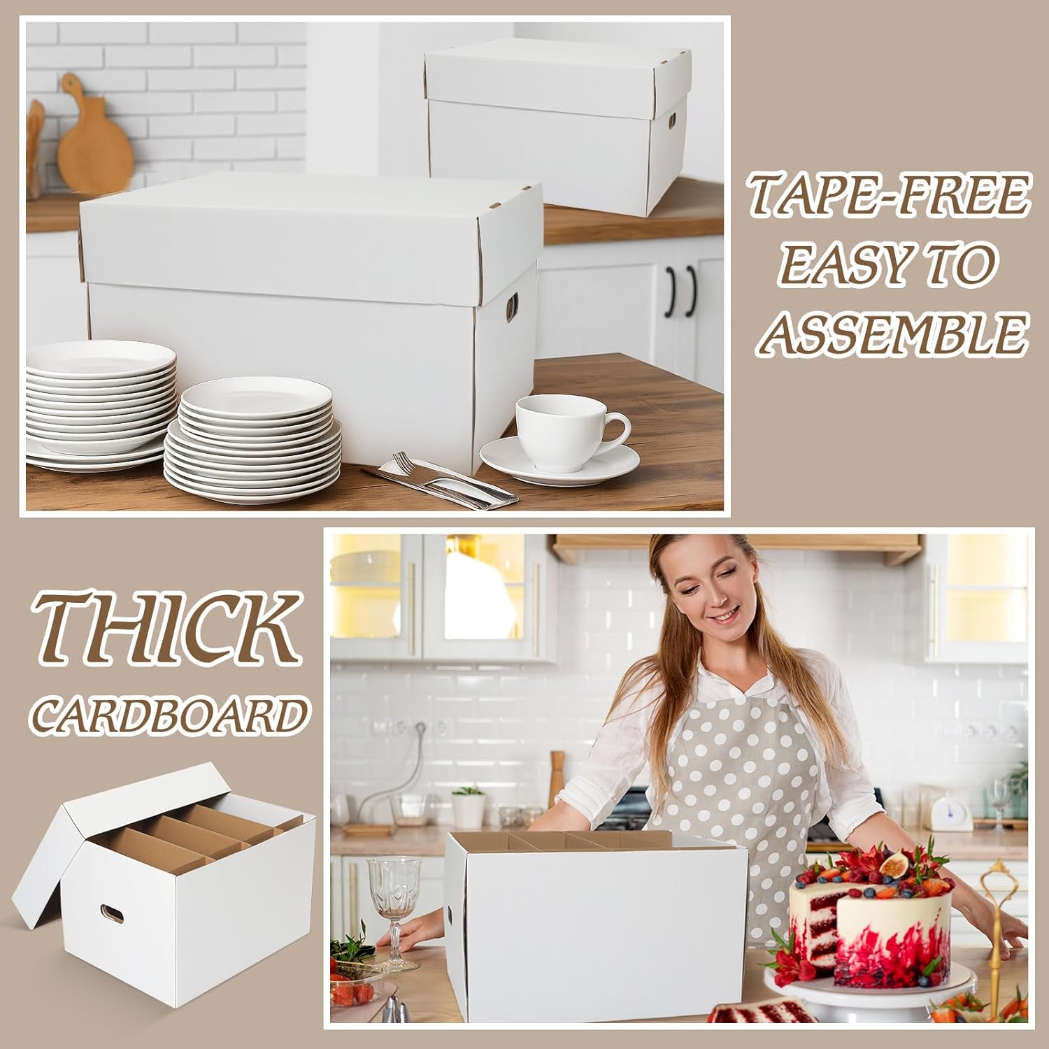 Fuyoooo 4 Pack Large Dish Packing Boxes for Moving with Divider 20 x 15 x 12 Inch Kitchen Moving Boxes with Reinforced Handle Lid Packing Supplies for Dishes and Glassware(White)