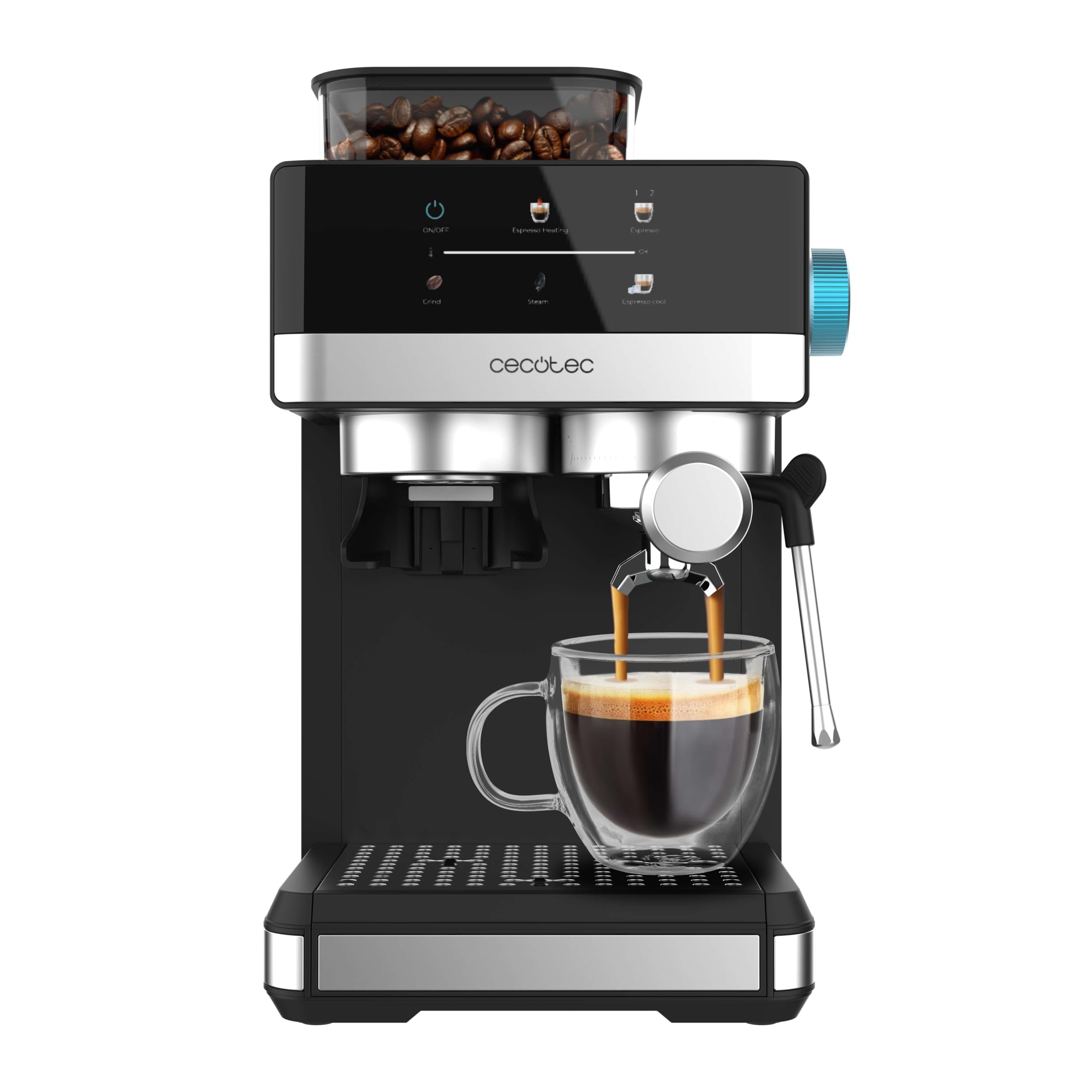 Cecotec Cafetera Express Power Espresso 20 Grind. 1350W, 20 Bares, Café con Vapor, 2 Tazas, Pantalla Táctil, Molinillo, Depósito de Café 150g y 1.7L Agua, Espumadora, Thermoblock, Seguridad