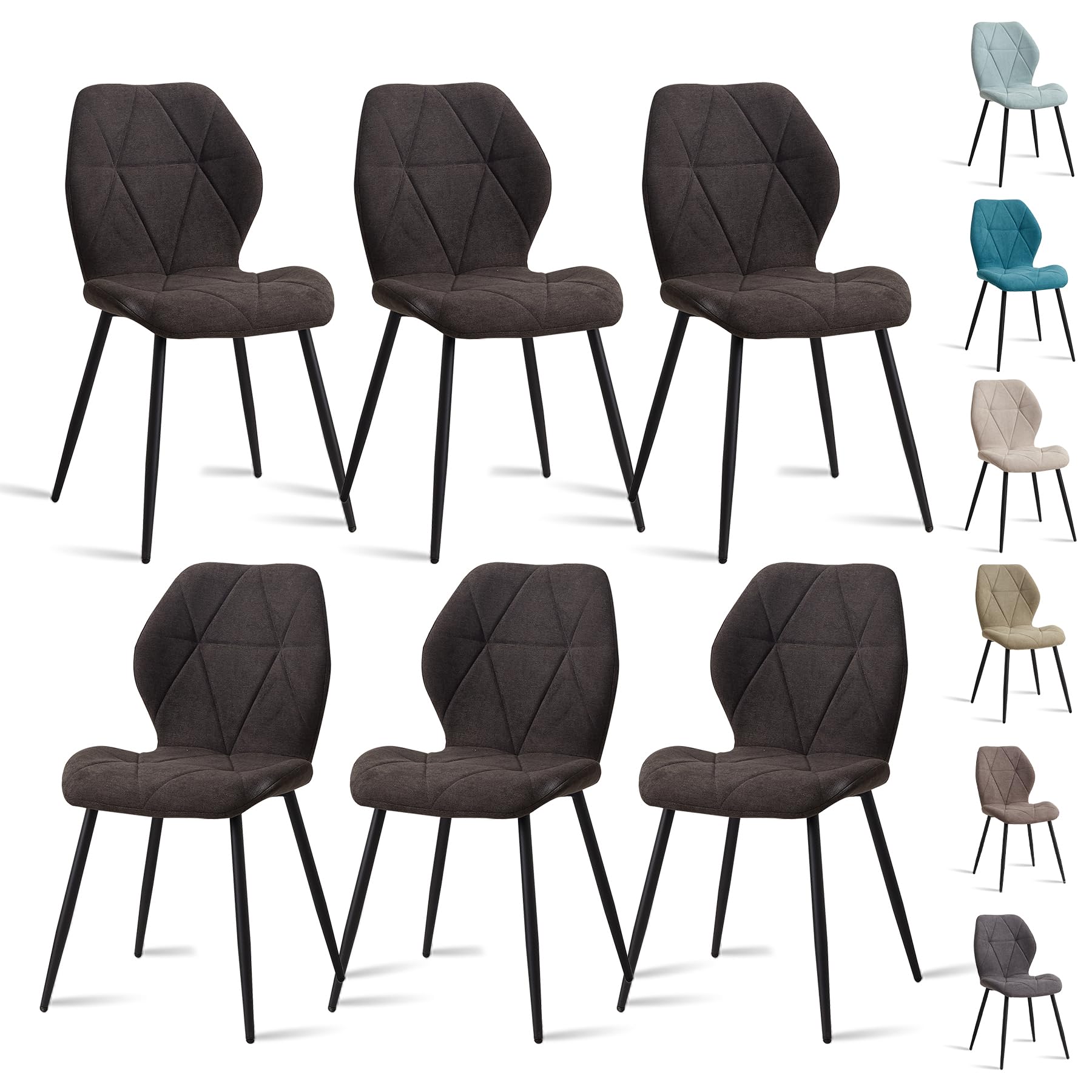Set di 6 Sedie da Sala da Pranzo, Sedia da Cucina in Tessuto a Quadri di Lino, Sedia Imbottita con Spugna ad Alta Densità, Adatta per Sala da Pranzo, Cucina, Soggiorno, Camera da Letto - Nero