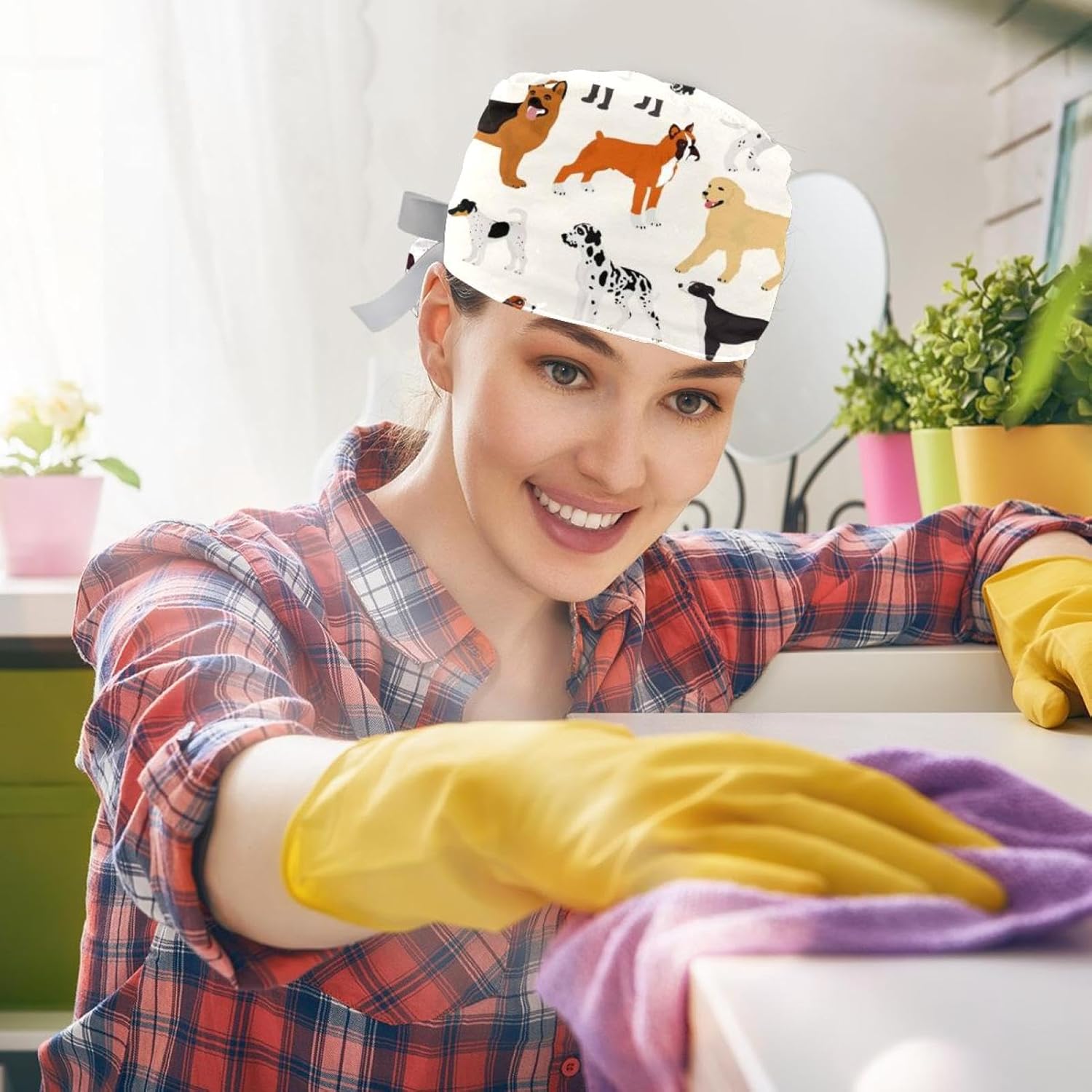 2 Pack Scrub Caps Surgical Hat for Women, Animals Dogs Nurse Hat Unisex Tie Back Hat, Long Hair - Image 5